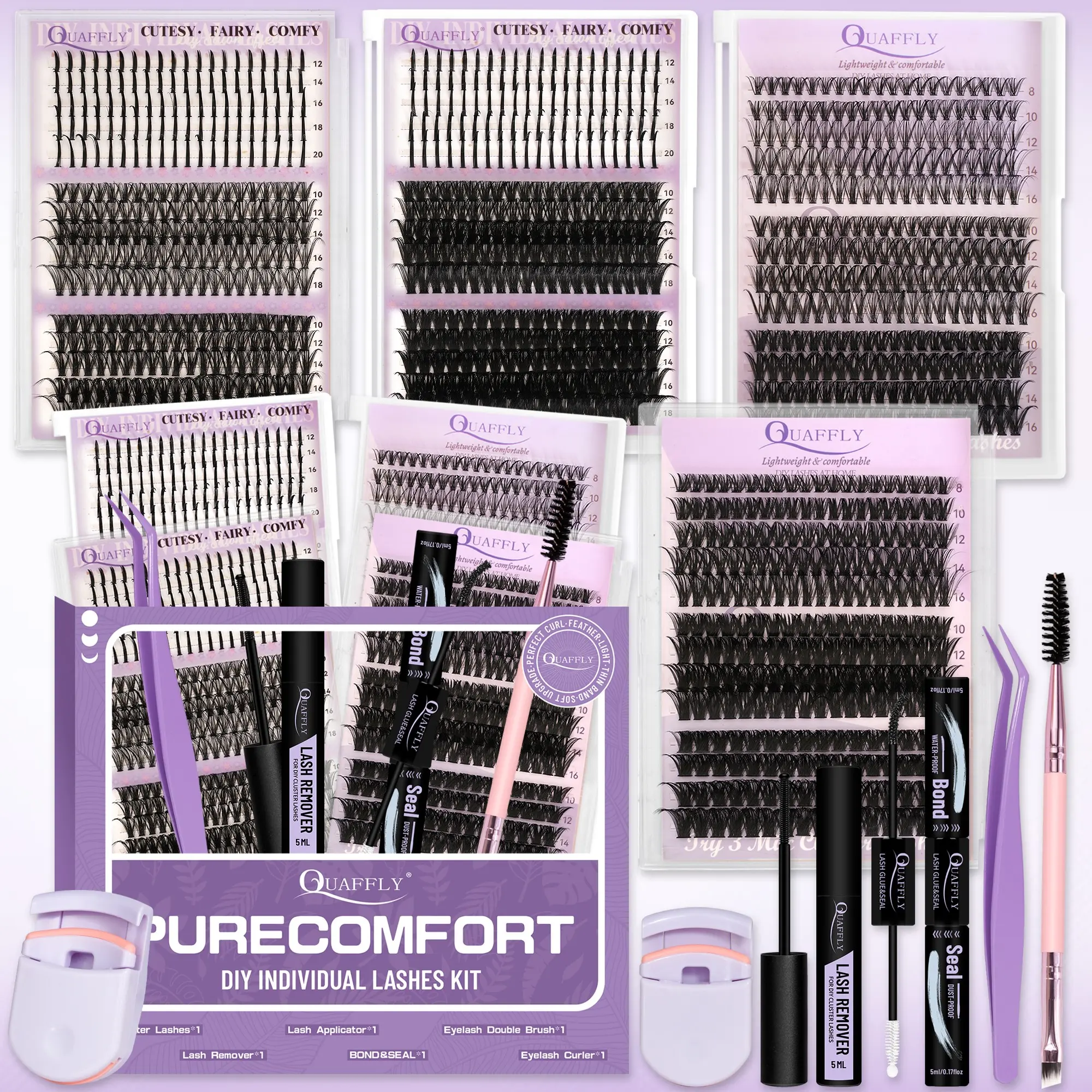 Lash Clusters Kit Lash Clusters with Long Spikes 12-20MM Eyelash Clusters Thick Volume DIY Fairy Spiky Lash Extensions Manga Lashes Clusters Volume Lashes With Lash Bond&Seal Remover Lash Curler Double-Ended Brush and Tweezers Cosmetic Tools
