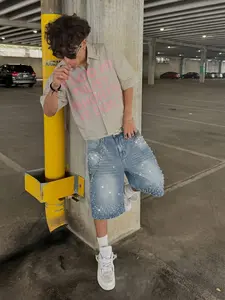 Men's Rhinestone Jean Shorts, Vintage Light Blue Washed Loose Fit, Full Rhinestones Pearl Decor, Streetwear Y2K Hip Hop Summer Pants