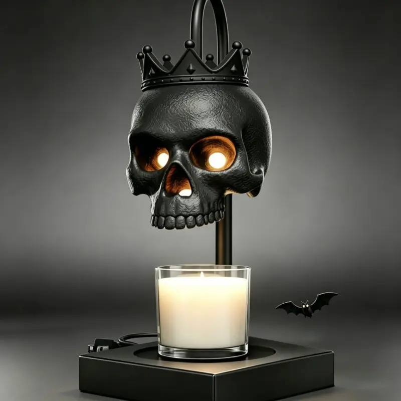 Skull Candle Warmer Lamp with Timer & Dimmable, Height Adjustable Gothic Wax Warmer Table Light Black Matte, Halloween Guy Fawkes Home Decor, Console Table Decor, Gift for Gothic Lovers, Witches, 2 GU10 Bulbs Included, Candle Not Included