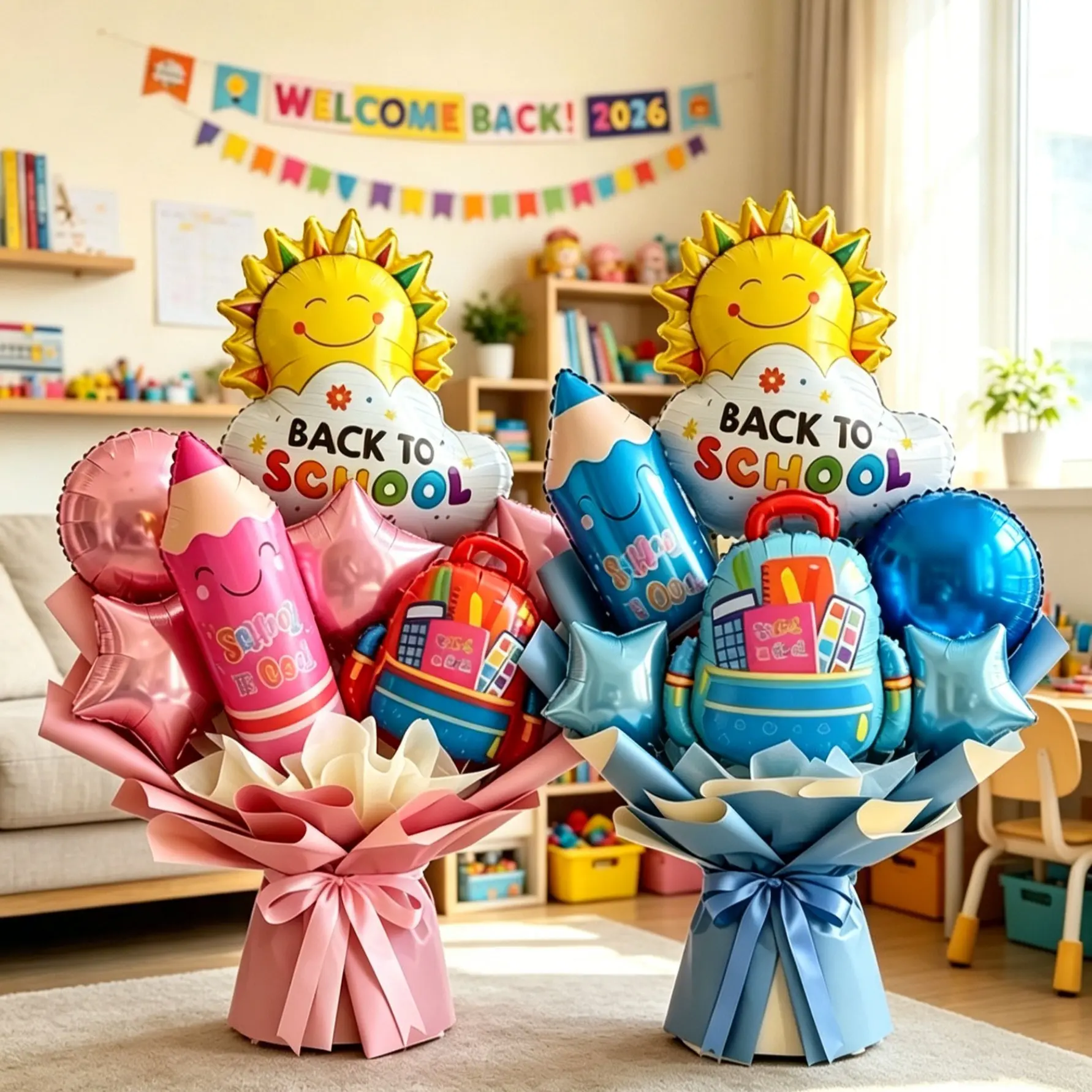 10-piece/17-piece Back-to-School Blue/Pink Foil Balloon Bouquet (bouquet paper not included); creative stationery-themed foil balloon set featuring back-to-school motifs such as suns, pencils, and backpacks; ideal for back-to-school and Party decorations
