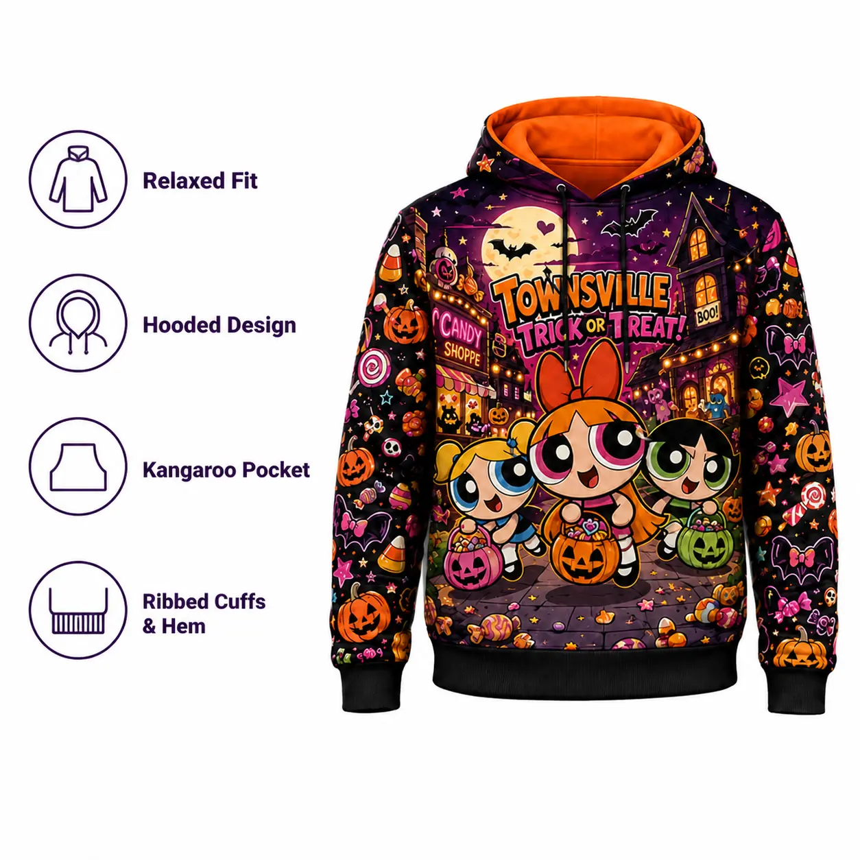 The Powerpuff Girls Halloween Graphic Hoodie, All-Over Print Pullover Sweatshirt with Long Sleeves and Ribbed Cuffs, Trick-or-Treat Outfit for Fall，free shipping Adjustable Animation