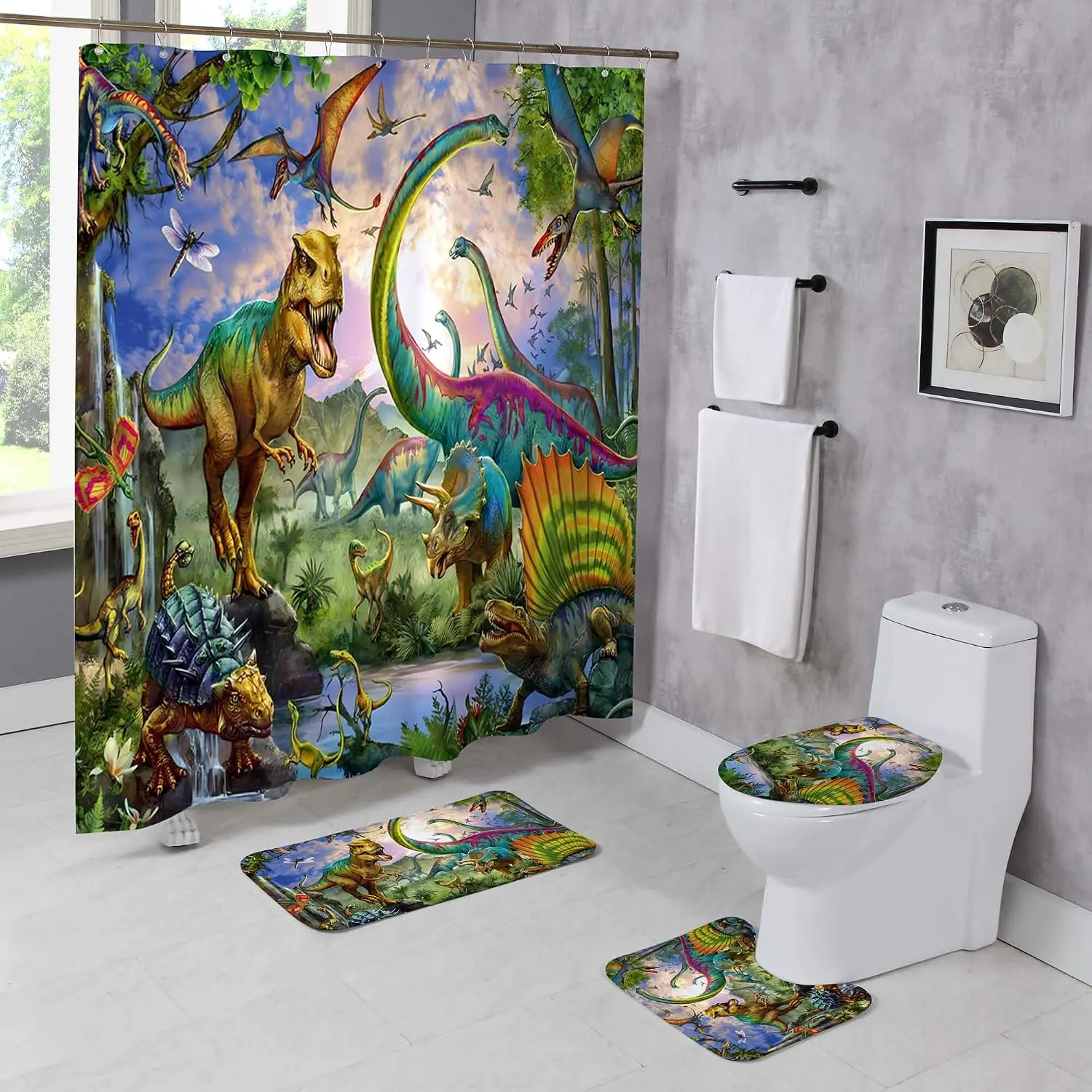 4 Pcs Dinosaur Shower Curtain Sets with Rugs Jungle Safari Bathroom Set Dino Forest Home Bath Bathtub Decor Durable Curtains Mats for Bathroom 72 x 72 Inch