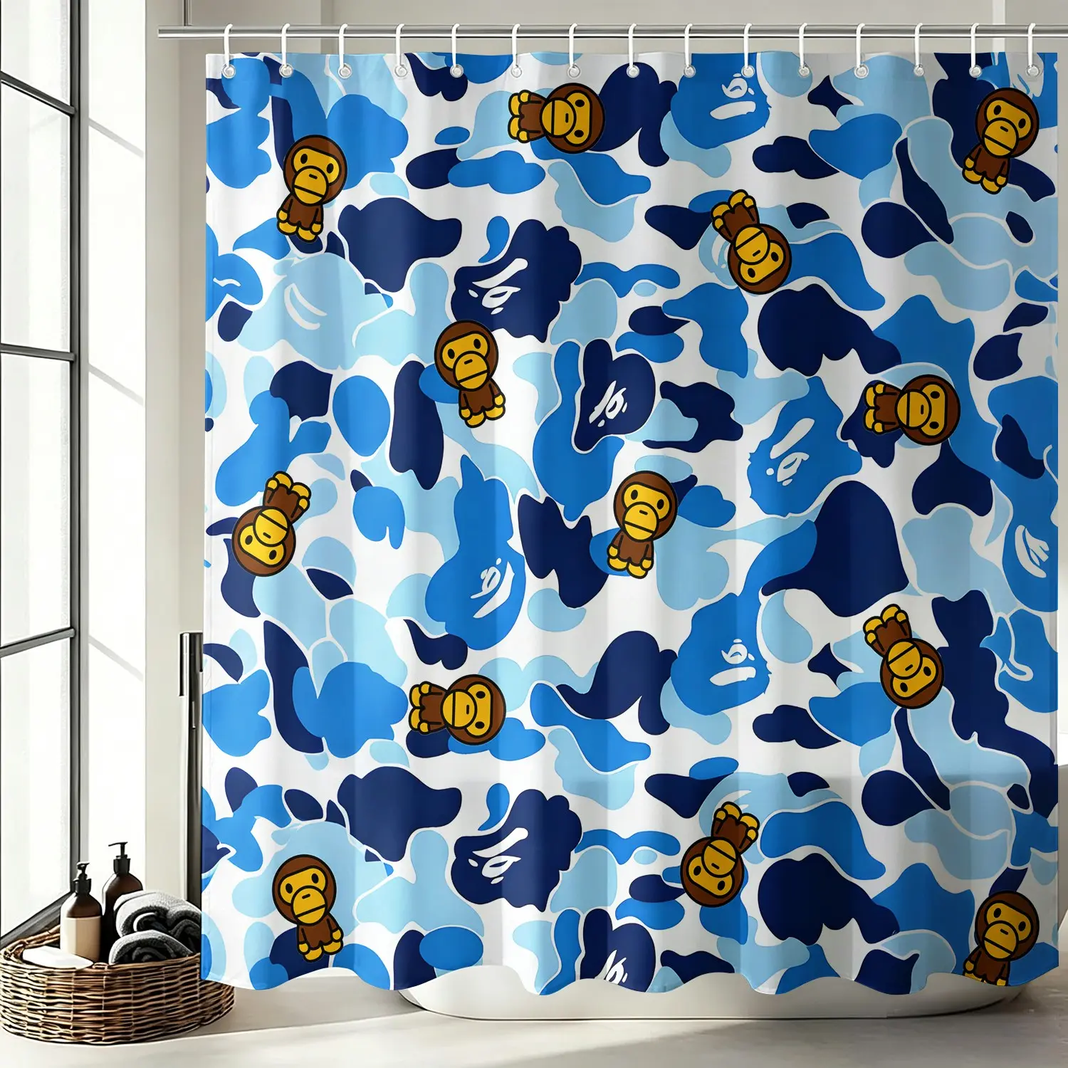 Streetwear Blue Camo Cartoon Baby Ape Printed Shower Curtain, Bathroom Shower Curtains, 1 Count Waterproof Bathroom Decorative Curtain with 12pcs Hooks, Bathroom Accessory, Bathroom Decor Supplies for Home Apartment Dorm, Bathroom Decoration Accessories