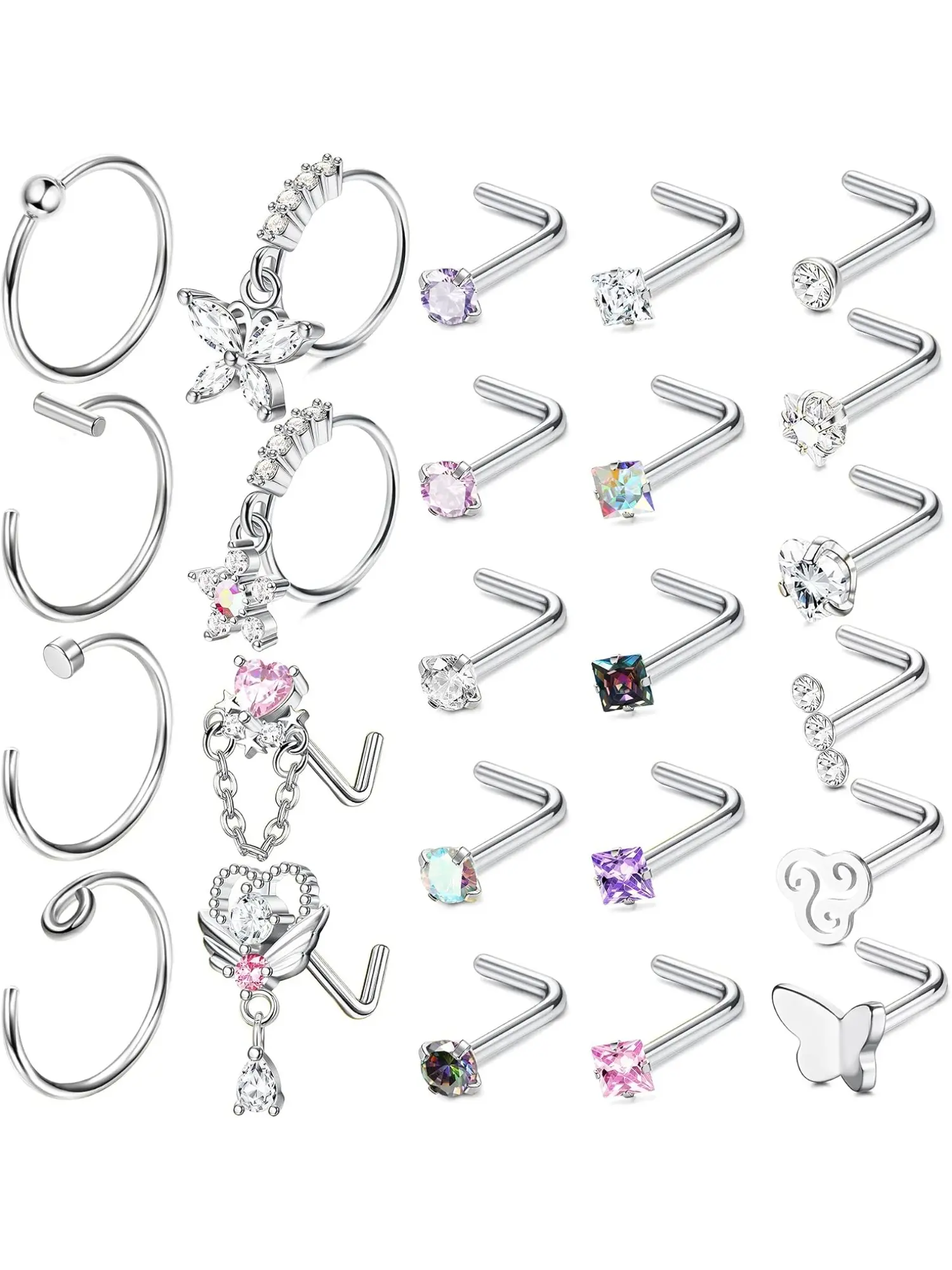 24Pcs Women 20G Dangle Nose Ring Bundle, Butterfly Flower Charm Hoop & Colorful 2mm Tiny Nose Studs Trend Nostril Piercing Jewelry