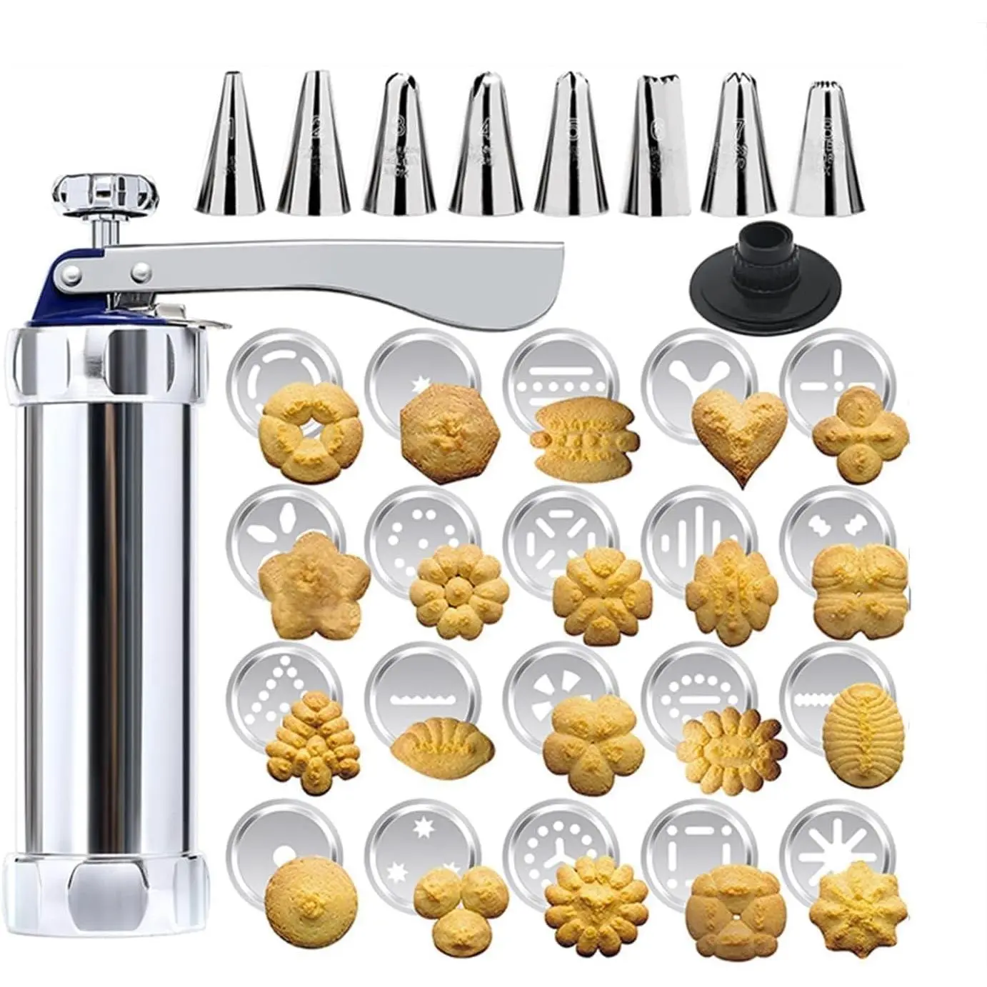 Cookie Press Kit - 20 Stainless Steel Discs & 8 Icing Nozzles, Professional Biscuit Maker with Effortless Trigger, Complete Cookie Maker for Homemade Treats and Pastry Decoration