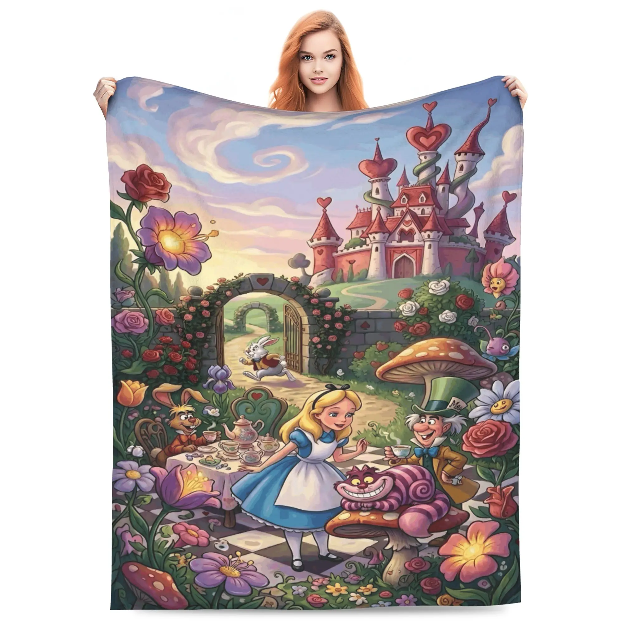 DISNEY CLASSIC Alice in Wonderland Mad Tea Party Flannel Throw Blanket, Whimsical Home Decor with Watercolor Art of Alice, Mad Hatter, Cheshire Cat, White Rabbit, Floral Mushrooms, Soft Cozy for Home Sofa Bed, Gift for Fairytale Fans, Room & House Decor