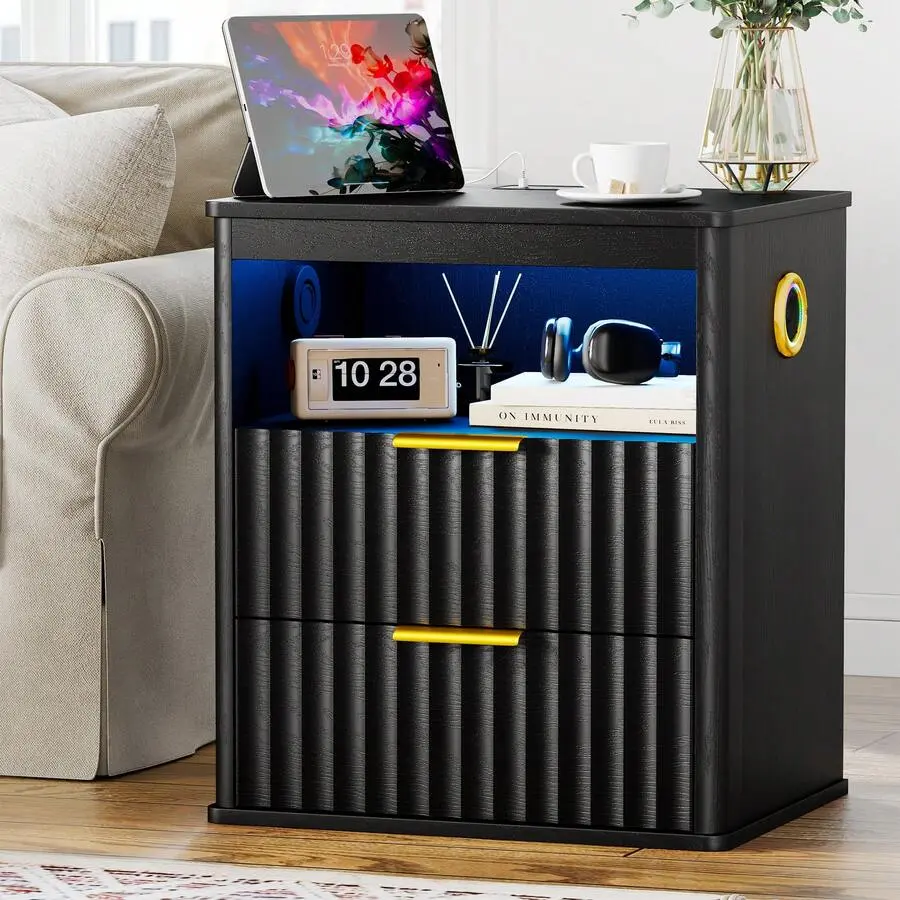 Fluted Pattern Rectangular Nightstand with Bluetooth Speakers, 19.7" W LED Smart Bedside Table, Wood Frame with 2 Drawers, Wireless Charger, Human Sensor Lights & Metal Handles for Bedroom