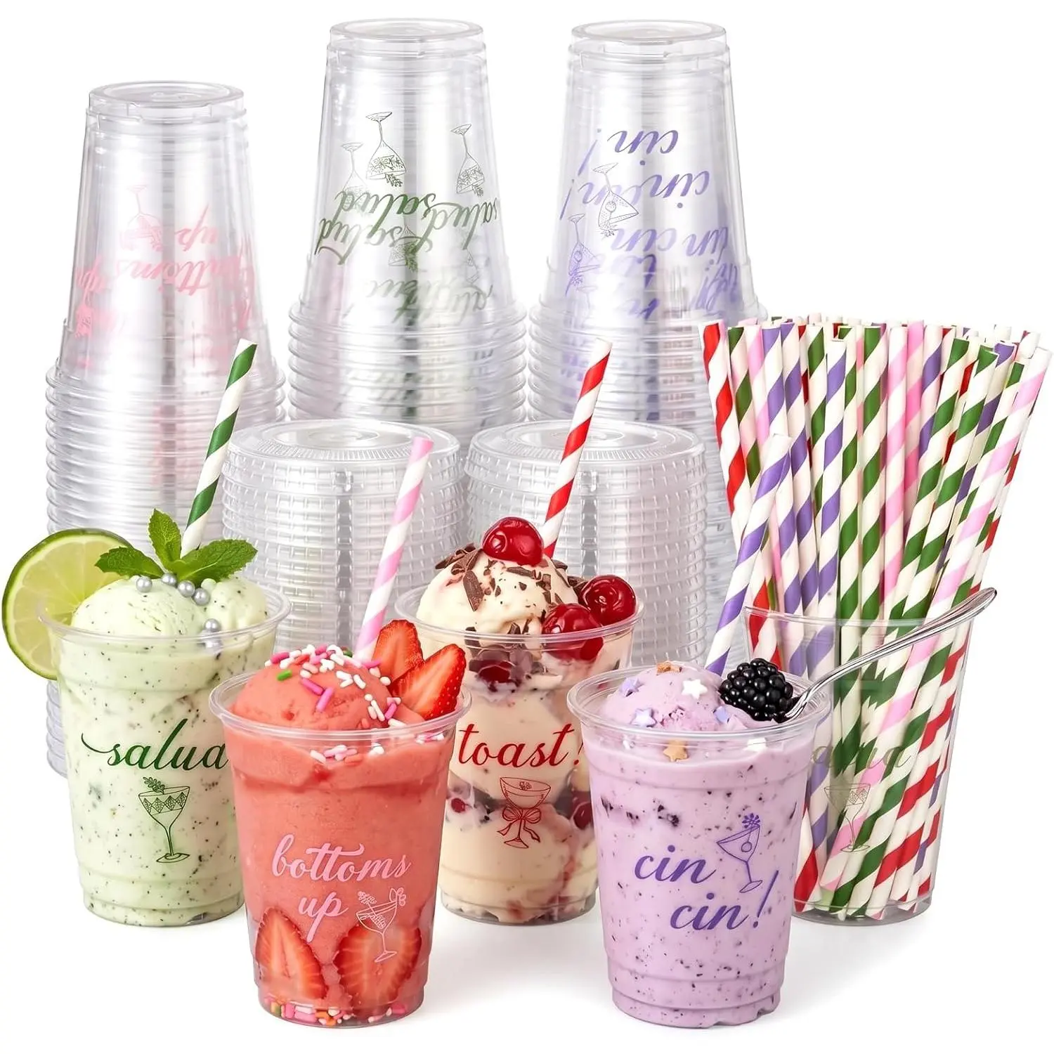 100 Pack 12oz Clear Disposable Plastic Cheers  Cups with  & Paper Straws, Happy Birthday Wedding Party Cups for  Smoothie Milkshake Cold Juice Beverage