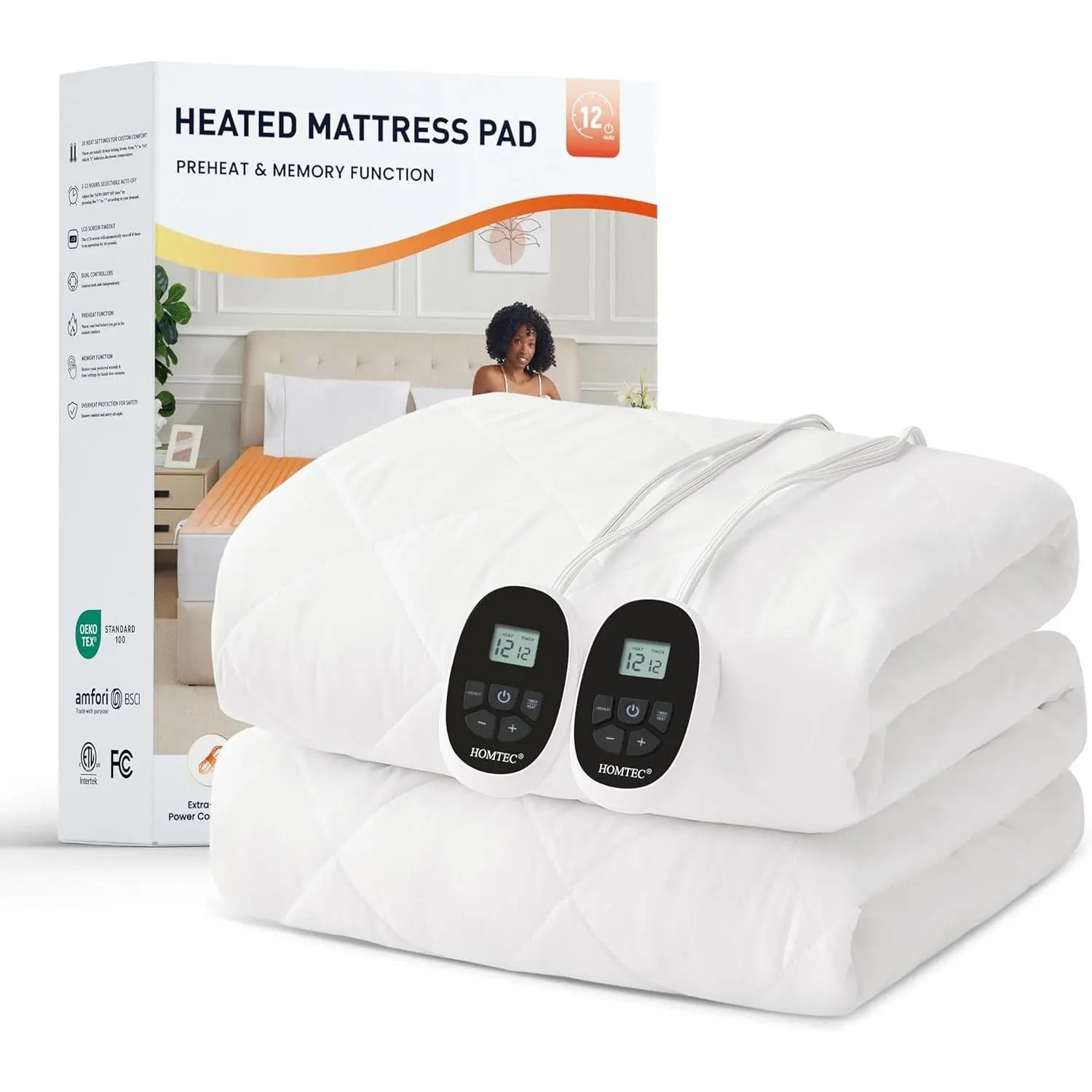 Heated Mattress Pad, California King Size with Dual Zone Control, 12 Heat Settings, 1-12H Timer, Preheat Func, Memory Function, Machine Washable Electric Bed Warmer for Bed Warmth, ETL & FCC Certified