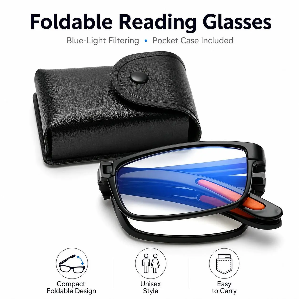 Portable Foldable Reading Glasses for Middle-Aged and Seniors, Blue Light Blocking Presbyopia Readers with Pocket Case, Gift for Dad