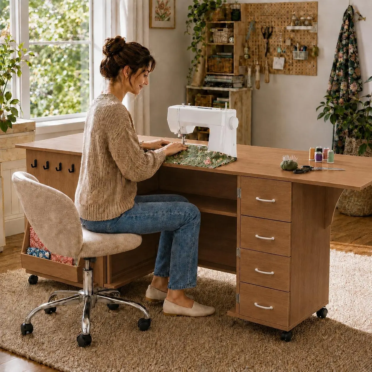 82.5" Foldable Sewing Table on Wheels, Hydraulic Lift, Multipurpose Craft Cabinet, Spacious Drawers, Expandable Leaves, Lockable Casters, Large Sewing Desk for Home, Studio, Brown/White