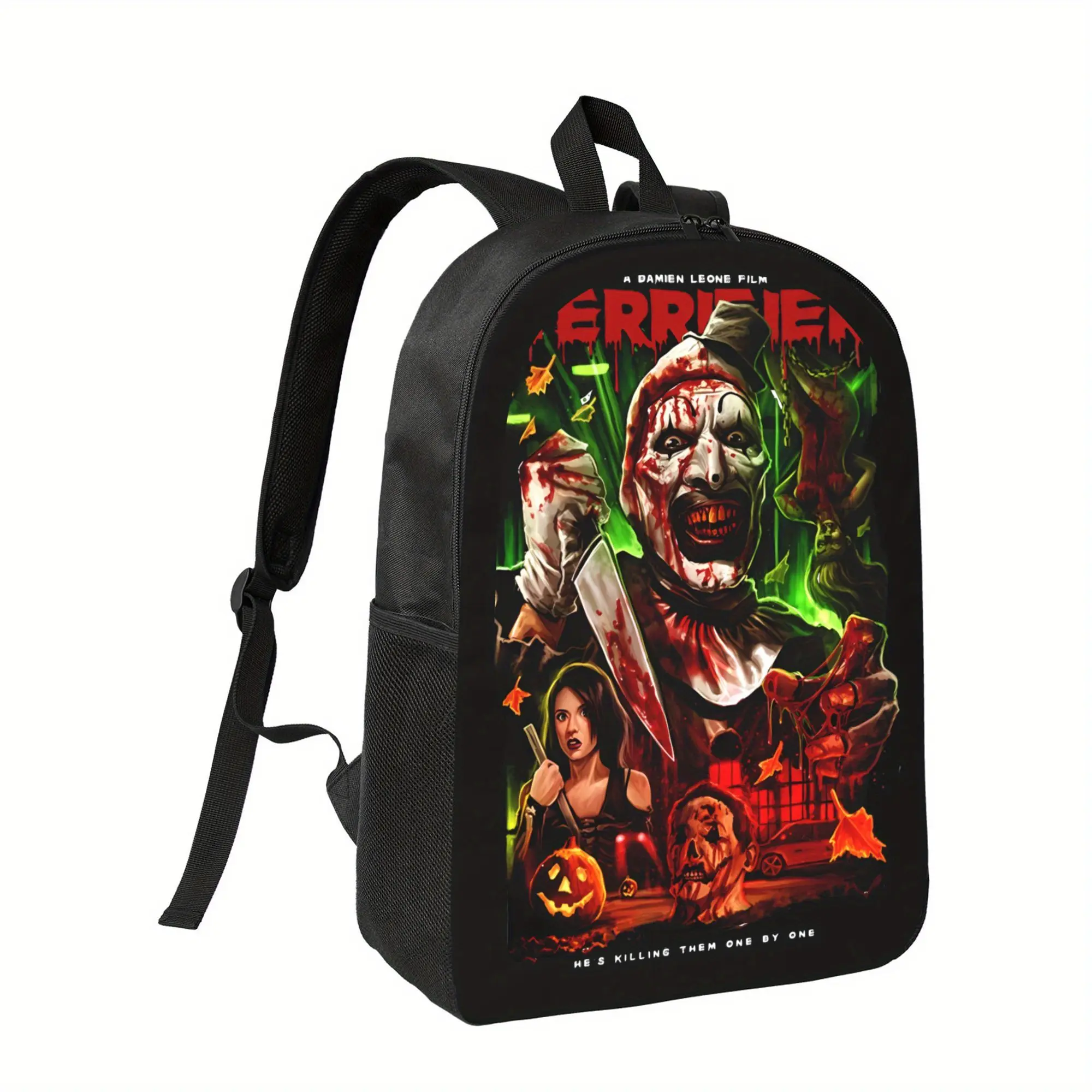 Terrifier Film Art Print Backpack - Horror Clown Design with Blood Splatter & Halloween Graphics, Durable Zipper Closure School Book Bag for Students, Spacious Horror Movie Fan Backpack, Halloween Backpack, Daily Carry, Dark Aesthetic, Reliable Storage,