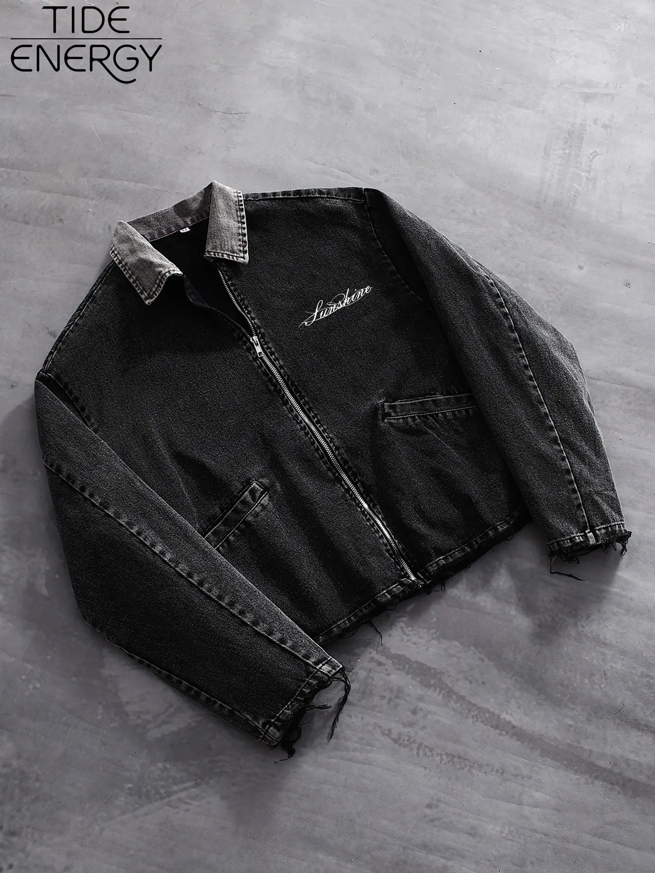 90s Retro Collared Washed Denim Short Jacket, Heavy Wash Denim, Light Contrast Lapel, Full Zipper, Embroidery, Loose Fit, Casual Streetwear, Coats