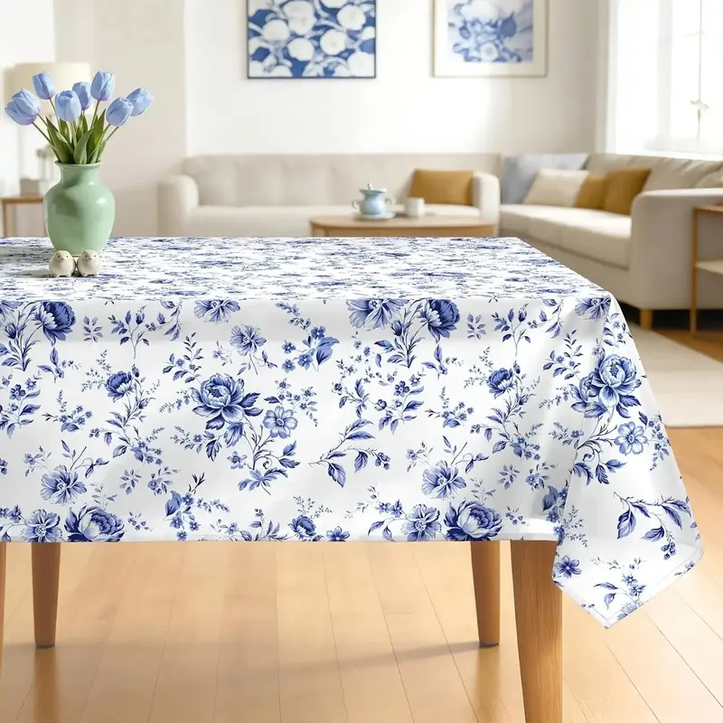 French Country Blue Rose Rectangle Tablecloth - Waterproof, Machine Washable Tablecover for Kitchen Dining Party Decoration, Camping Picnic (60*84 in)-L