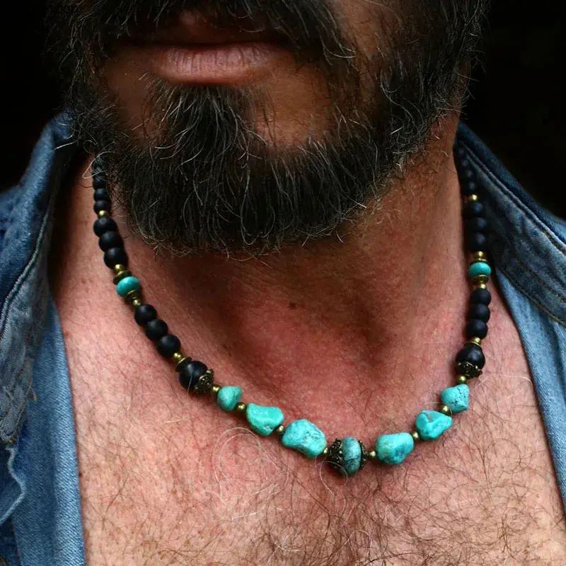 Ethnic Brass Beaded Necklace for Men with Genuine Turquoise and Black Beads - Male Boho Western Spiritual Jewelry for Daily Wear, Beaded Gemstone Necklace, Boho Style Jewelry