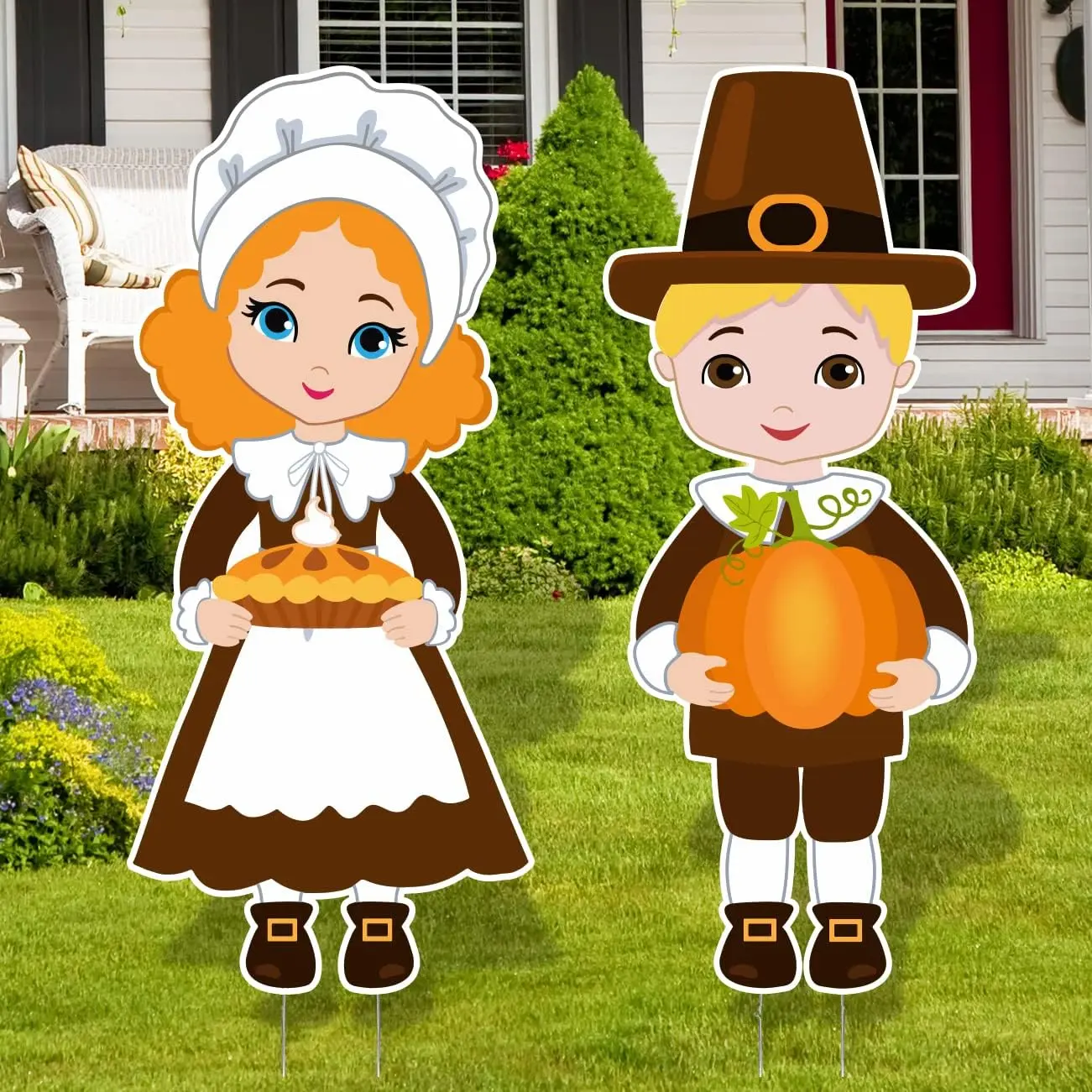 Large Thanksgiving Pilgrim Yard Sign Thanksgiving Harvest Theme Pilgrim Boy Girl Lawn Signs with Stakes for Fall Indoor Outdoor Decorations Autumn Office Farmhouse Garden Walkway Supplies Photo Props
