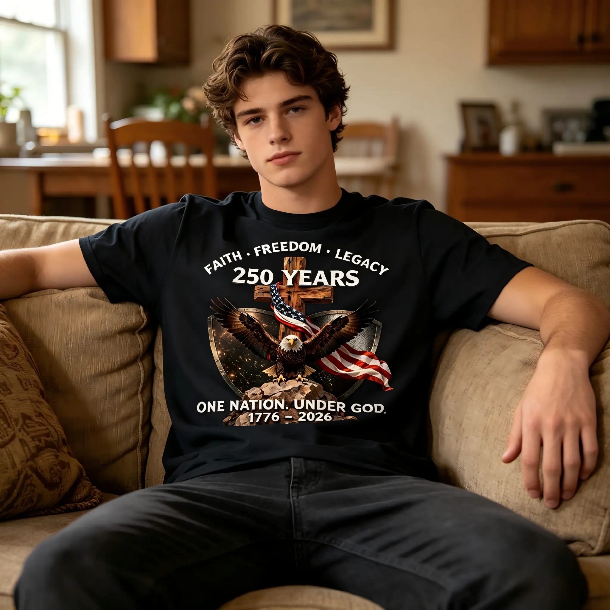 Menswear Round Neck Short-Sleeve Cotton Fabric USA 250th Anniversary T-Shirt - 1776-2026 Faith Freedom Legacy Retro Design, Vintage Independence Print, Machine Washable for Casual Wear, Historical Events