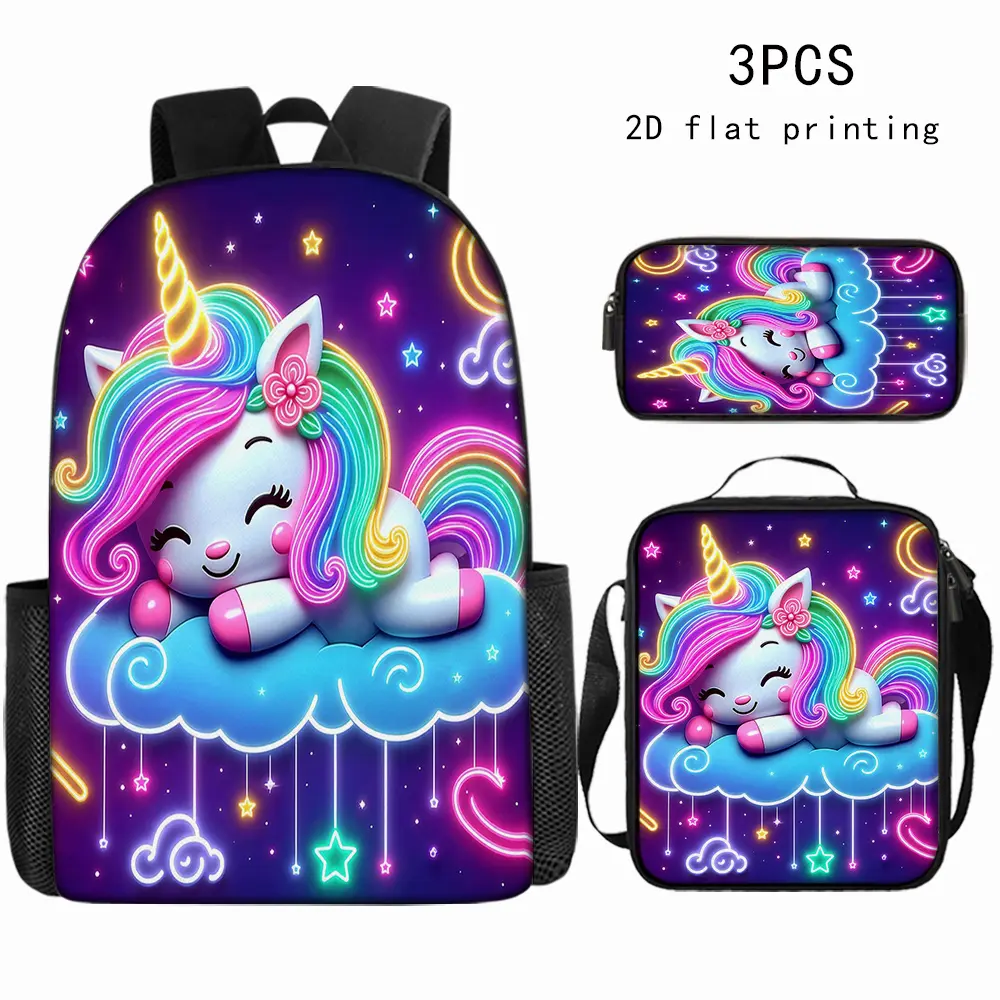 1pc/3pcs Preppy Neon Print Synthetic Waterproof Unicorn Backpack - 2D Flat Printing, Large Capacity, Lightweight, Stylish Unique Shoulder Bag, Suitable for Back to School, Camping