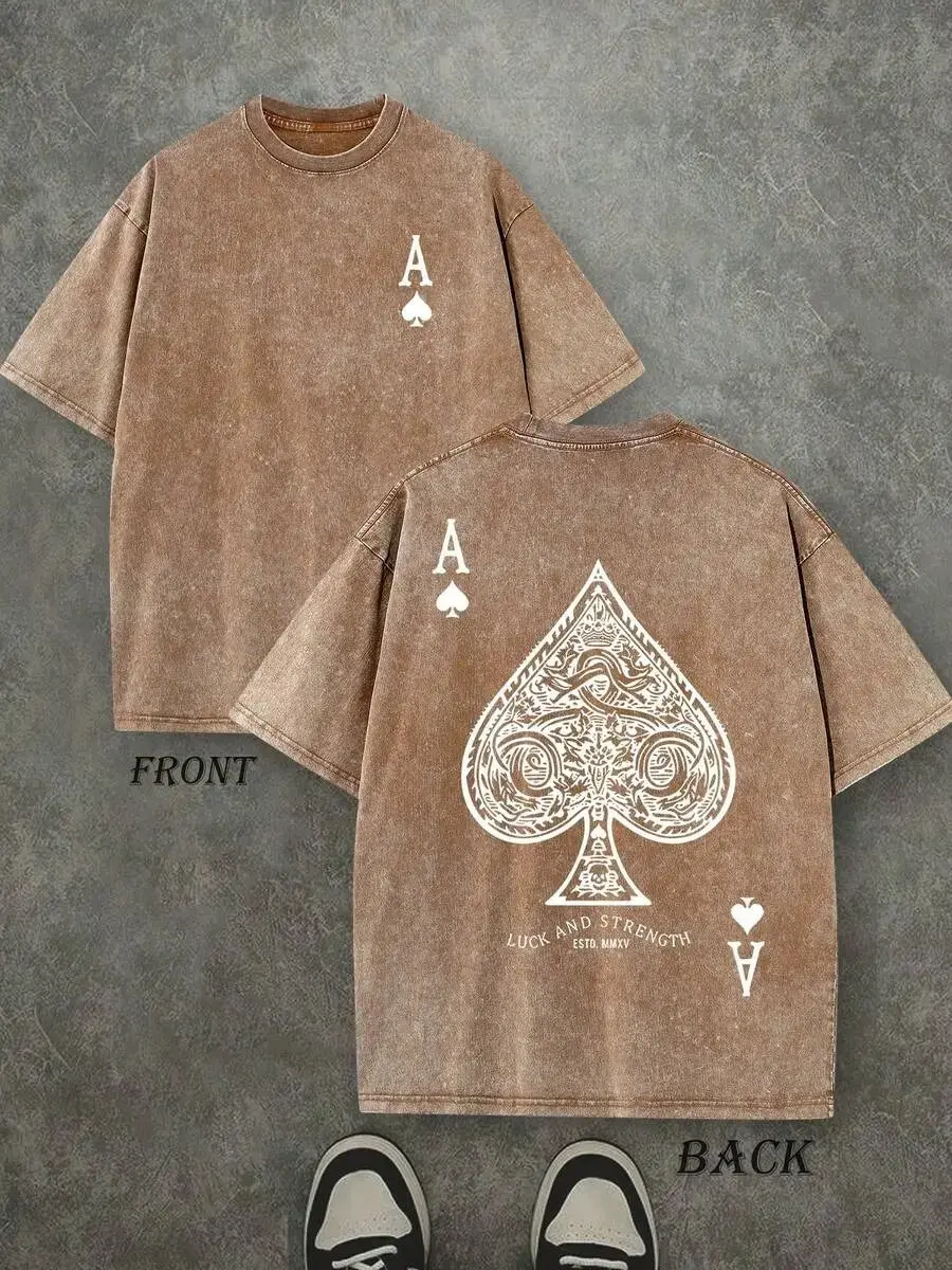 Vintage Ace of Spades Front Back Double Sided Graphic T-Shirt, Washed Brown Oversized Cotton Crewneck Tee, Retro Poker Card Casino Streetwear Casual Gift Top For Men Game Night Outfits