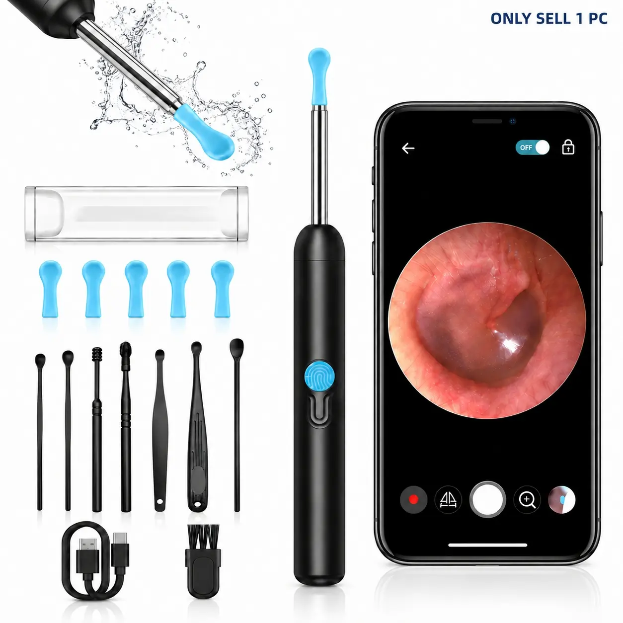 Earwax Remover Kit with 6 Pcs Ear Spoon Set, Visual Ear Cleaning Tool with WiFi App Connection and Soft Silicone Tip, Compatible with iOS & Android, Back to School, Ear Wax Removal Kit