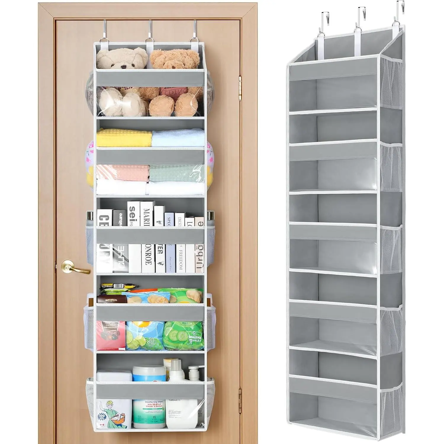 Yecaye Over the Door Organizer 5 Tiers, Heavy Duty Hanging Storage with 5 Large Clear PVC Pockets and 10 Side Pockets, 56lbs Capacity for Closet Door Bathroom Bedroom Nursery Dorm Laundry Room, Grey
