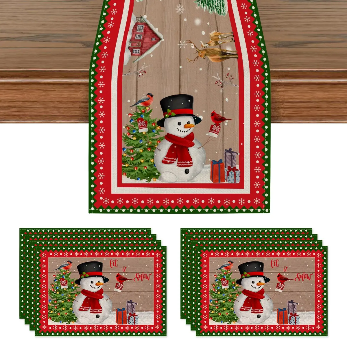 Christmas Table Runner and Placemat Set, Snowman Tree Snowflake Design, Perfect for Thanksgiving, Home Kitchen, Dining Room, Indoor Outdoor Use