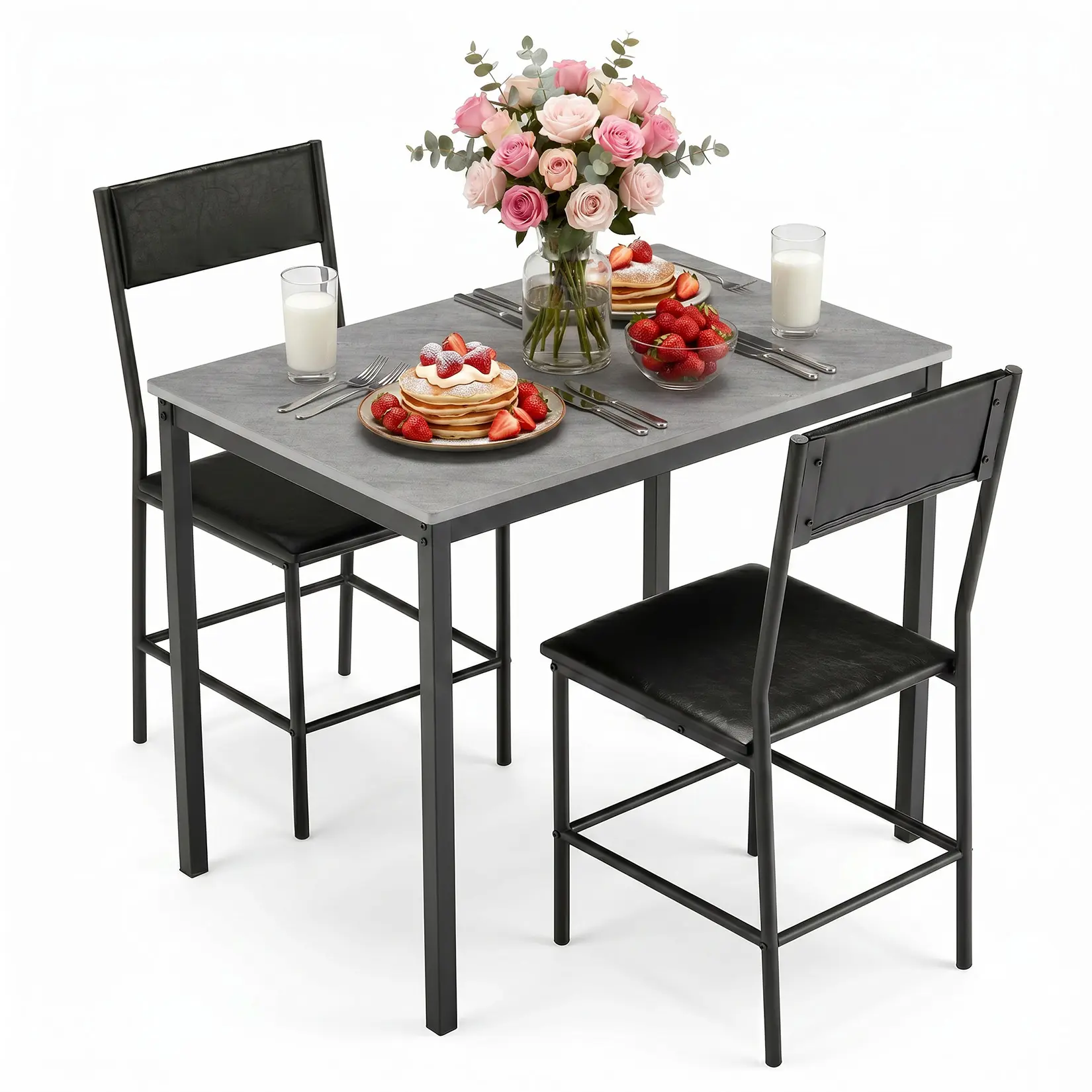Garvee Modern 3-Piece Small Indoor Dining Set for 2 - Rectangular 35.4" Faux Marble Table, 2 Padded Faux Leather Chairs, Black Metal Frame, Easy Setup Space Saver Furniture for Apartment Breakfast Nook, Rectangular Table