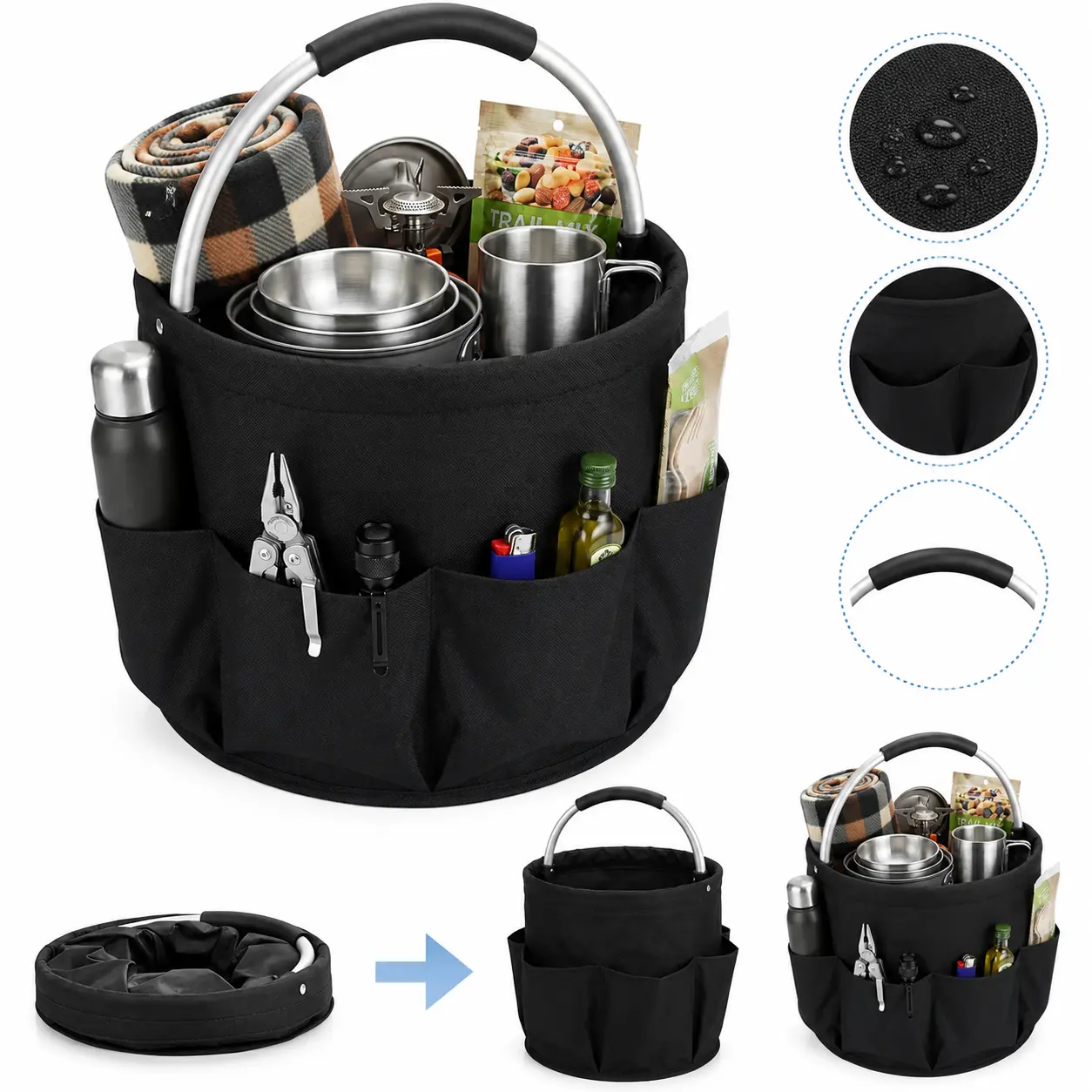 16L Foldable Cleaning Caddy with Handle - Kitchen Tool, Storage Organizer for Home, Garden Cleaning Supplies, Black