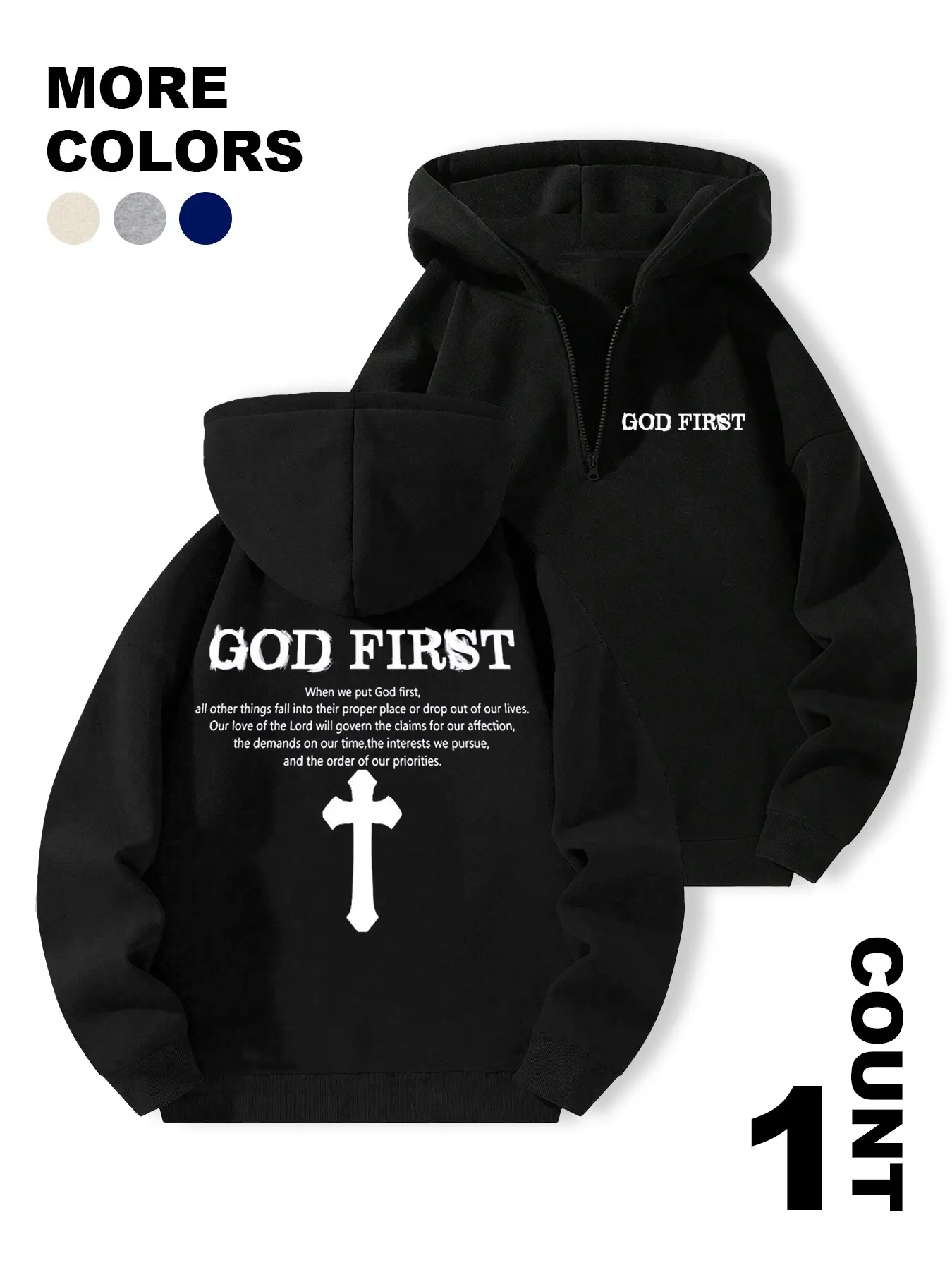 Men's "GOD FIRST" Christian Quote & Cross Print Half-Zip Hoodie, Graphic Print Hoodie, Oversized Faith Inspired Hooded Sweatshirt For Church Streetwear Casual Outfits