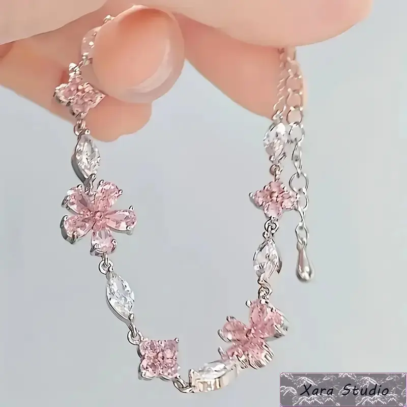 Women’s Plastic Cherry Blossom Flower Charm Bracelet - Dainty Adjustable Square Pink Petal Chain, Elegant Minimalist Female Fashion Wrist Jewelry, Cute Girly Gift for Her, Daily Wear & Special Occasion Accessory, Bracelets, Dainty Fashion Accessory Sets,,