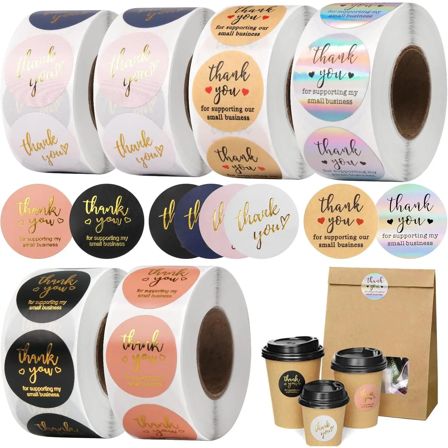 Thank You Stickers Small Business - 6 Rolls 3000 Pieces Thank You for Supporting My Small Business Stickers Labels for Envelopes, Bubble Mailers and Gift Bags Packaging, 1 Inch,500 Pieces Each Roll