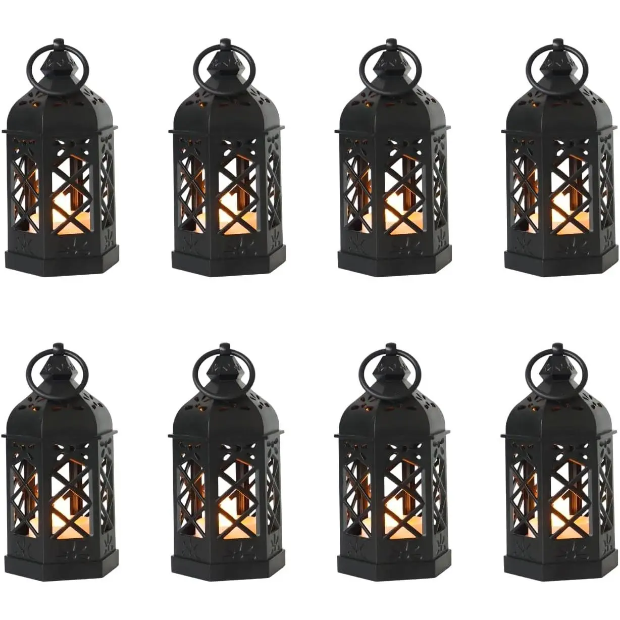 8-Pack Mini Lanterns with Flickering LED Candles for Ramadan, Moroccan Decorative Hanging Lanterns for Halloween, Christmas, Wedding, Black Lantern for Table Centerpiece, Home & Party Decor
