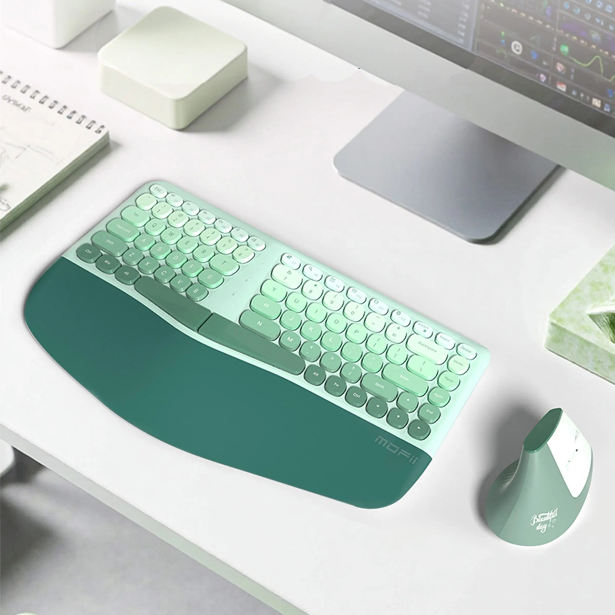 MOFii BOMI Wireless Ergonomic Keyboard and Mouse Set, Gradient Green V-Shaped Curved Keyboard with Leather Wrist Rest, Vertical Ergonomic Mouse for Office, Compatible with Laptops & Desktops