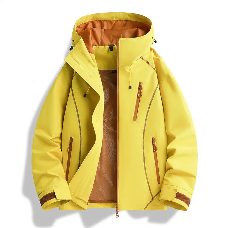 Men's Bright Yellow Color-Contrast Zipper Hooded Windbreaker Coat - Menswear Long-Sleeve Top, Outdoor Windproof Waterproof Stand-Collar Adjustable Drawstring Casual Outerwear for Hiking, Daily Use