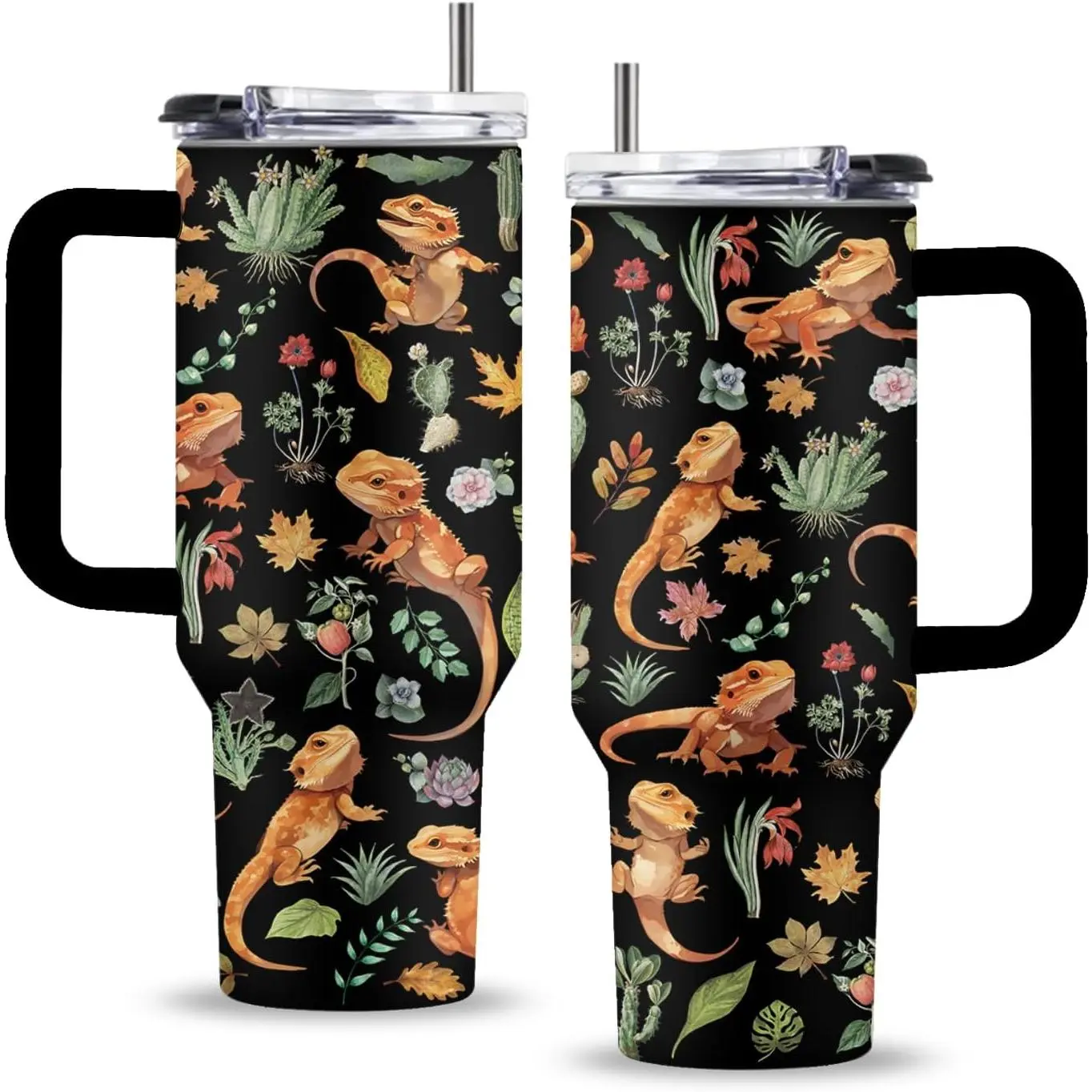 40oz Chameleon Stainless Steel Insulated Vacuum Flask Set, Portable Leakproof Lid Tumbler with Handle & Straw, Travel Drinkware Gift for Animal Lovers (Thanksgiving, Christmas)