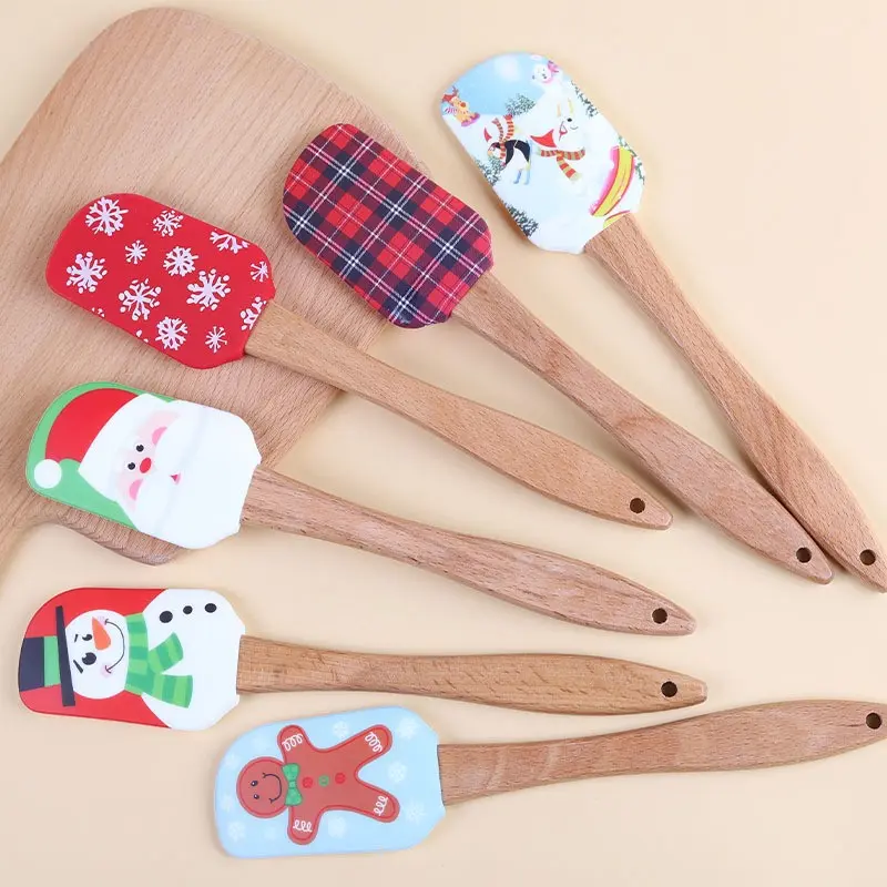 6‑Pcs Christmas Silicone Spatula Set with Wooden Handle, Heat‑Resistant Kitchen Utensils for Cooking Baking Christmas Holiday Kitchen Decor