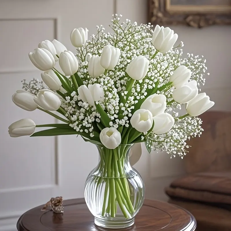 Baby's breath + white artificial tulip home decor bouquet set, Artificial flower decoration, suitable for home, office, weddings, perfect for Mother's Day and spring decorations