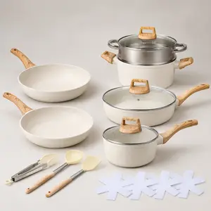 16PCS Nonstick Pots and Pans Set, Cream White Cookware Set with Frying Pans, Saucepans, Saute Pan, Steamer, Utensils & Protectors,Plush,Extendable,Christmas,outdoor
