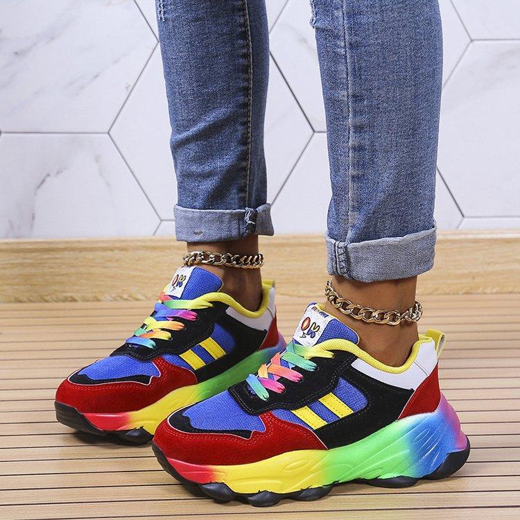 2026 Spring and Autumn New Colorful Dad Shoes Hip-Hop Street Style Sports Color-Block Casual Unique Platform Rainbow Women's Shoes Large Size Comfortable and Durable