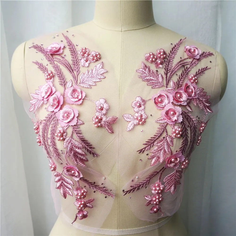 2PCS Pink Embroidered Lace Fabric 3D Flower Tassel Beads Rhinestone Applique Sewing Patch For Wedding Gown Appliques Dress DIY Decor