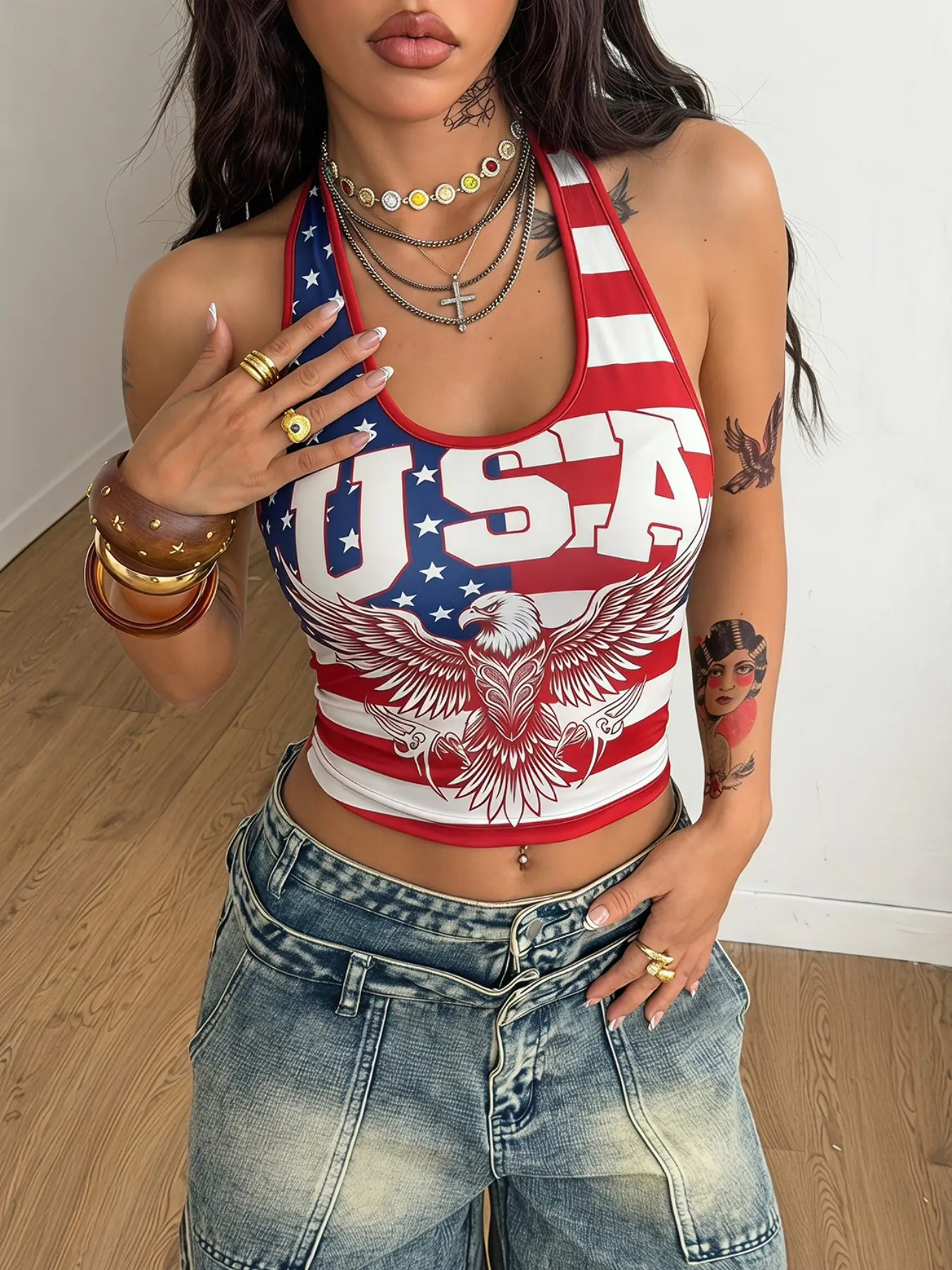 'Viral Y2K Babe' High Stretch Soft Fabric Slim Backless Halter Crop Tank, Casual Cropped Top, USA Eagle Star Stripe Patriotic Vest For 4th July Parade Summer Street Club Party Sexy Sleeveless Americana Independence Day Women Figure Hugging