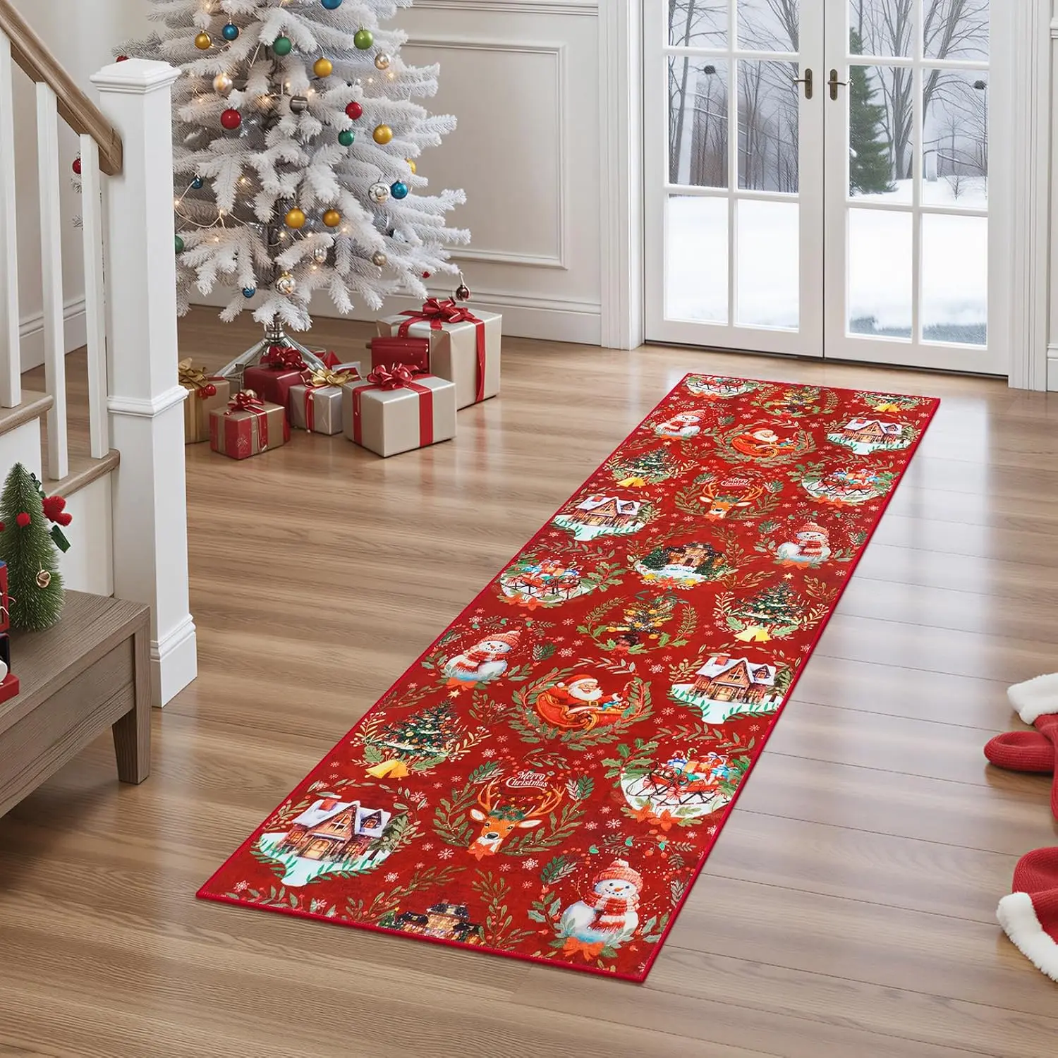 Anidaroel 2x6 Christmas Runner Rug, Washable Rug Runners for Hallways Non Slip, Red Christmas Kitchen Rugs Festive Xmas Rug Indoor Floor Runner for Entryway Fireplace Holiday Decor