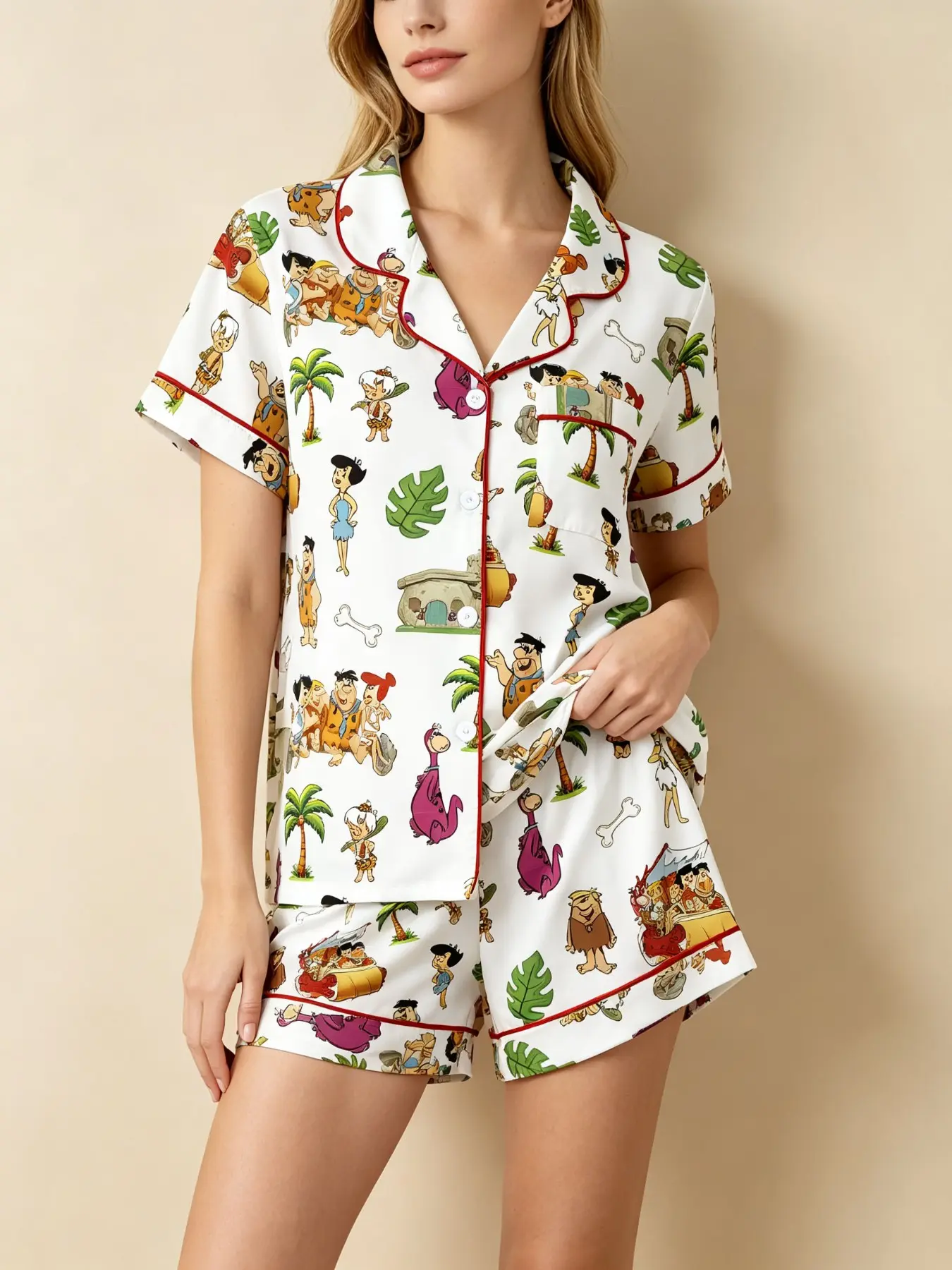 Vintage Caveman Cartoon Print Women's Pajama Set, Comfortable Wear-Outside Sleepwear, Loungewear, Short Sleeve Button-Up Top and Elastic Shorts, Casual Home Gift