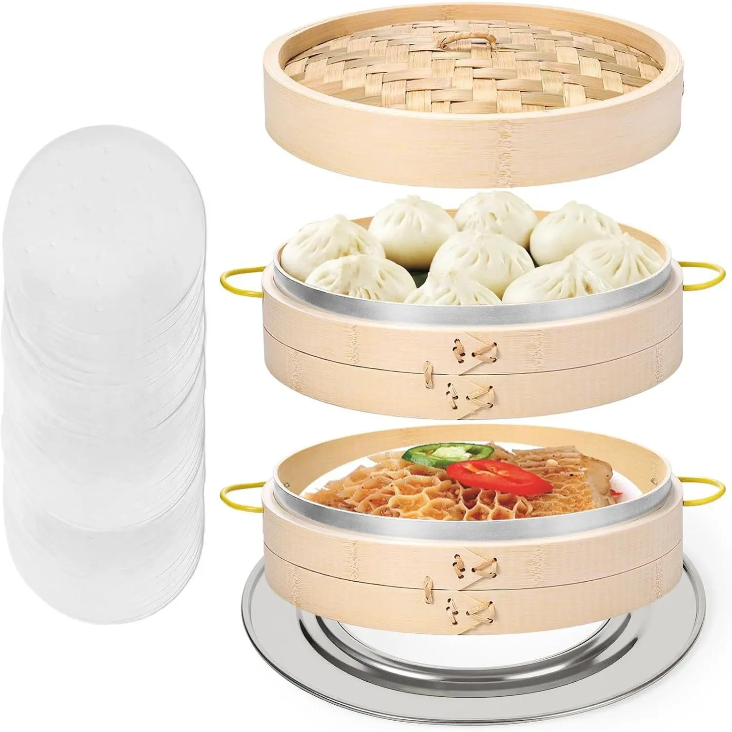 10 Inch Bamboo Steamer Basket Set for Cooking, with Side Handles, Ring Adapter, Paper Liners, Perfect for Dim Sum Dumplings Buns Seafoods Vegetables Rice Asian Foods