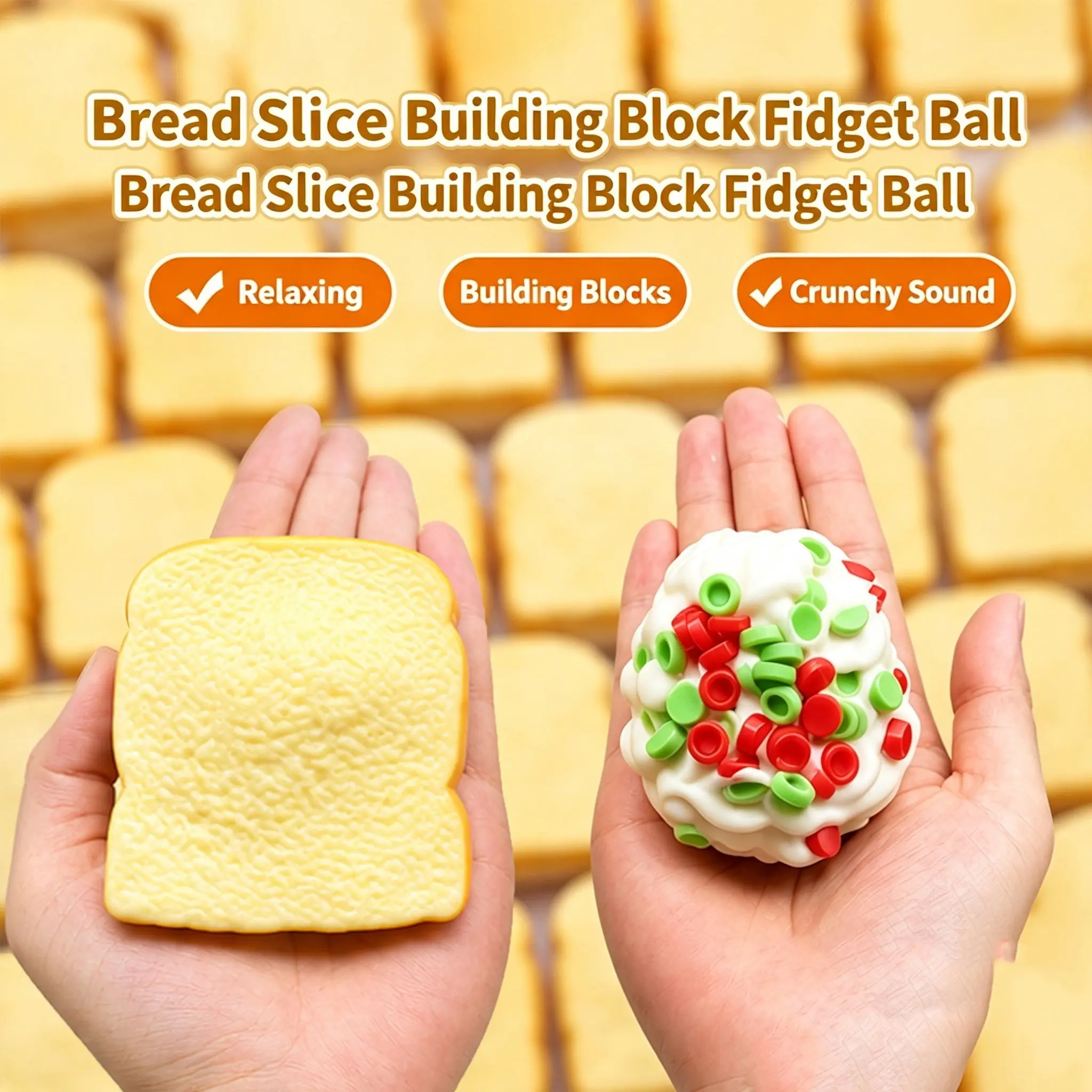 Crunchy Squishy Toast Fidget Toy, Soft Squeeze Toy with Building Block Filling, Realistic Bread Shape Stress Relief Sensory Toy for Kids and Adults