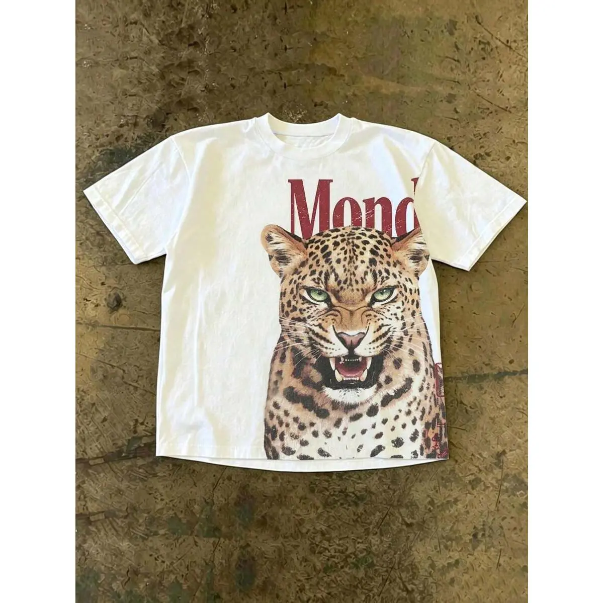 Graphic Tee 100% CottonRoaring Leopard Big Distressed Mond Letter Y2K Grunge Crew Neck Short Sleeve Top, Versatile Casual Outdoor Backyard Hangout Concert Camping Minimal Street Outfit Unisex T-Shirt For Men WomenSummer 2026 Unisex