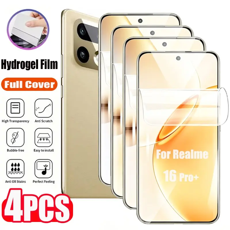 4pcs HD Hydrogel Film For Realme 16 Pro+ 16 Pro 16T 16 15 Pro 15T 15 Screen Protector No Bubbles, Anti-Fingerprint, Scratch-resistant, High sensitivity Full Coverage Screen Protector Easy-Installation