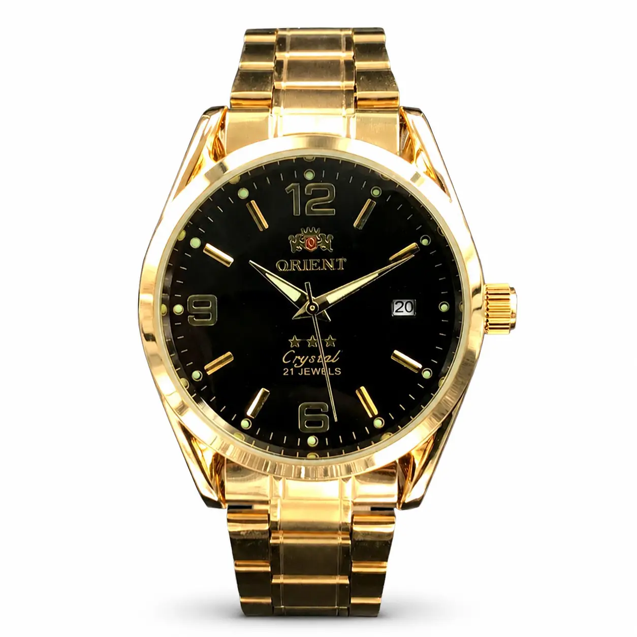 Orient Crystal 21 Jewels Classic Gold Automatic Men's Watch - Gold Steel Band, Round Dial with Easy Reading Arabic Numerals, Date Function, Suitable for Casual Wear