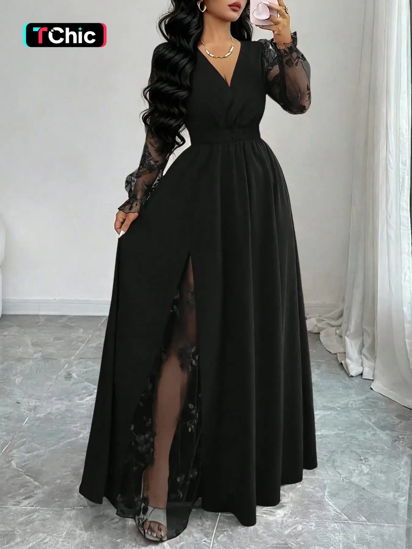 Summer Elegant Black Floral Autumn Dinner Deep V-Neck Lace Patchwork Long Sleeve High Slit Women Dress,Backless Mesh Embroidery Wedding Party Ball Gown