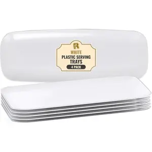 R-kay 4 Pack White Plastic Serving Trays for Party - White Serving Tray 17 by 6.5 in - Rectangular Heavy Duty Dessert Trays for Food